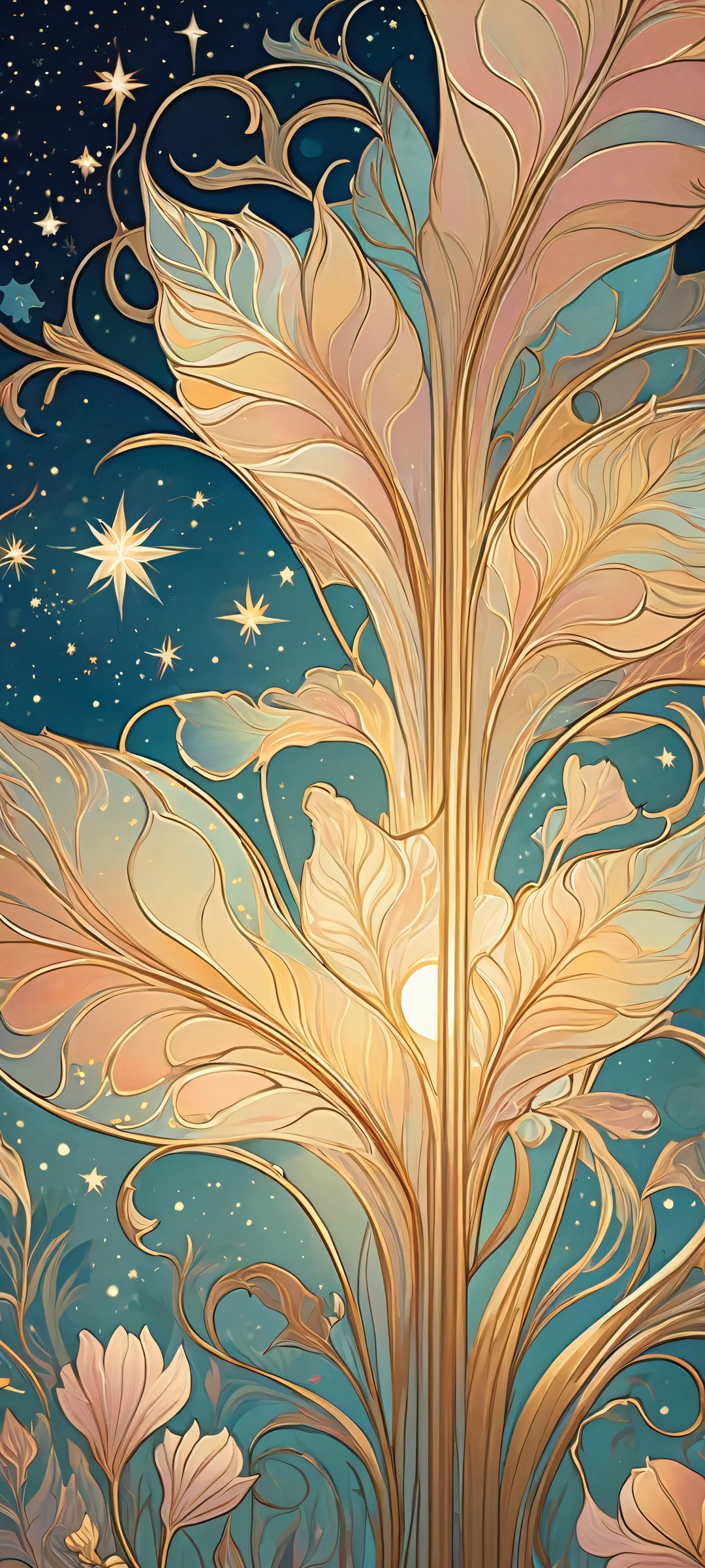 iPhone and Android user, gaze upon this cosmic night scene featuring soft golden glow and muted pastel hues. A masterpiece for your mobile home screen!