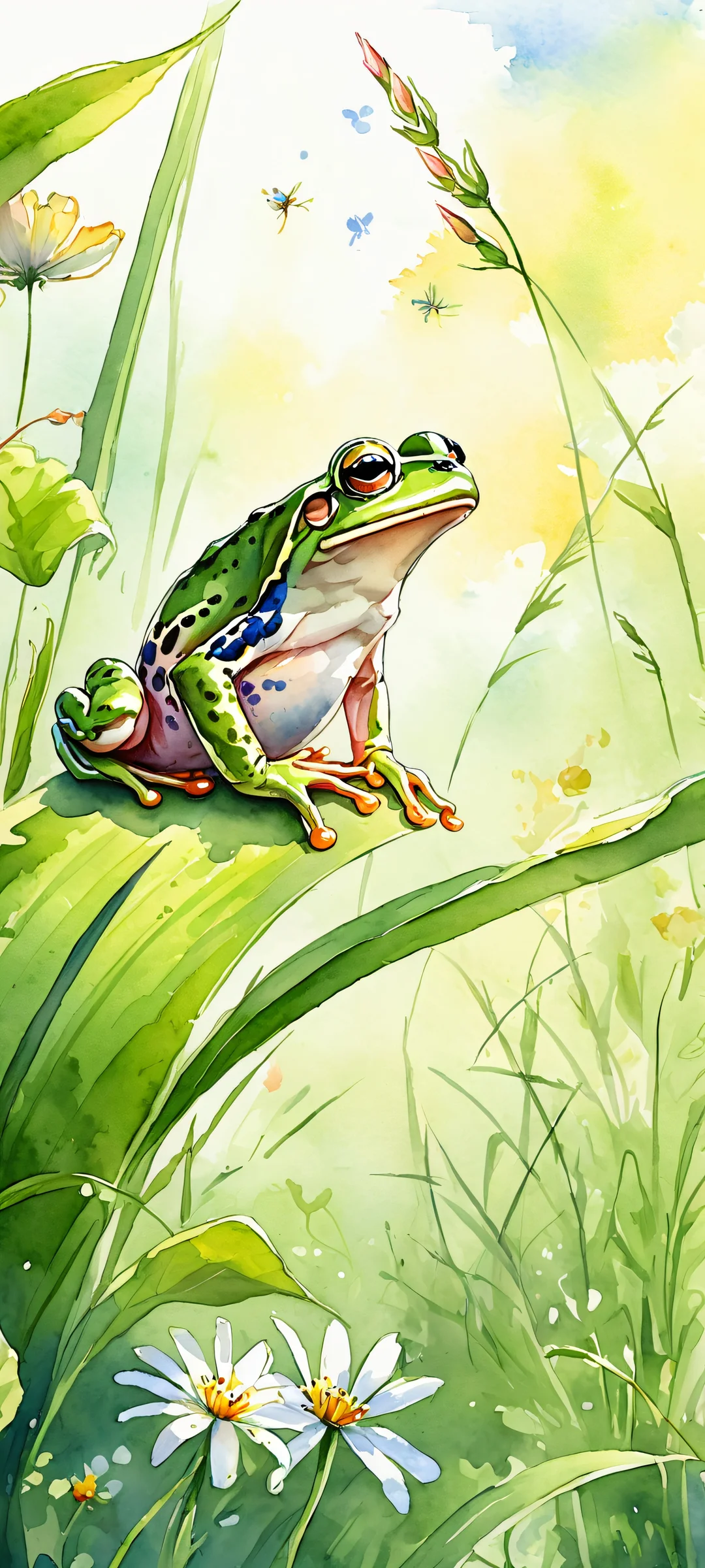 Delightful frog illustration for iPhone and Android backgrounds, set against a serene watercolor meadow scene.