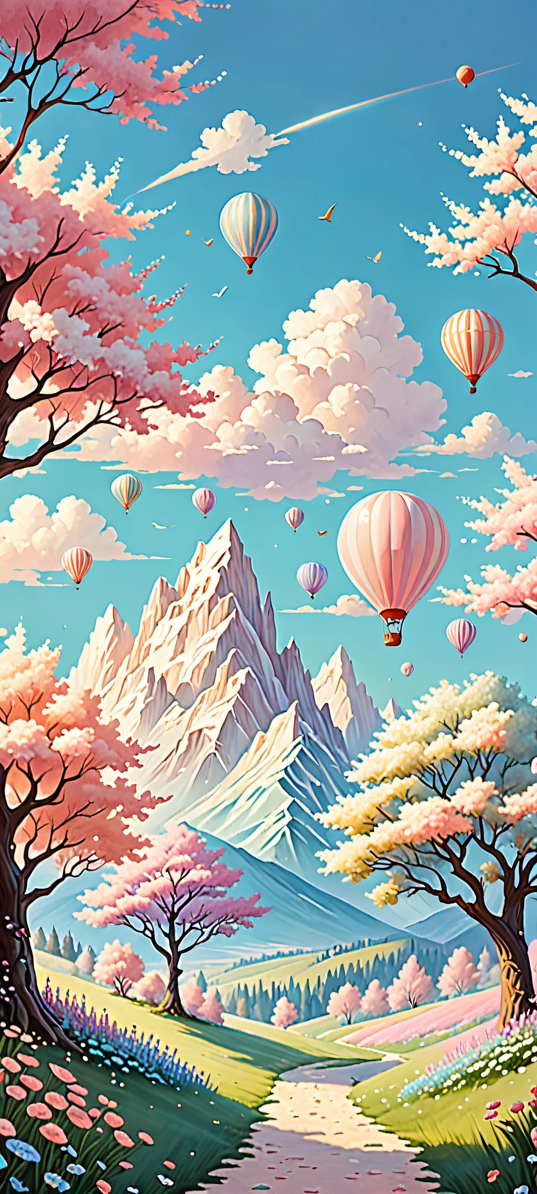A serene fantasy landscape featuring cute pastel creatures and soft whimsical elements on a beautiful iPhone/Android wallpaper.