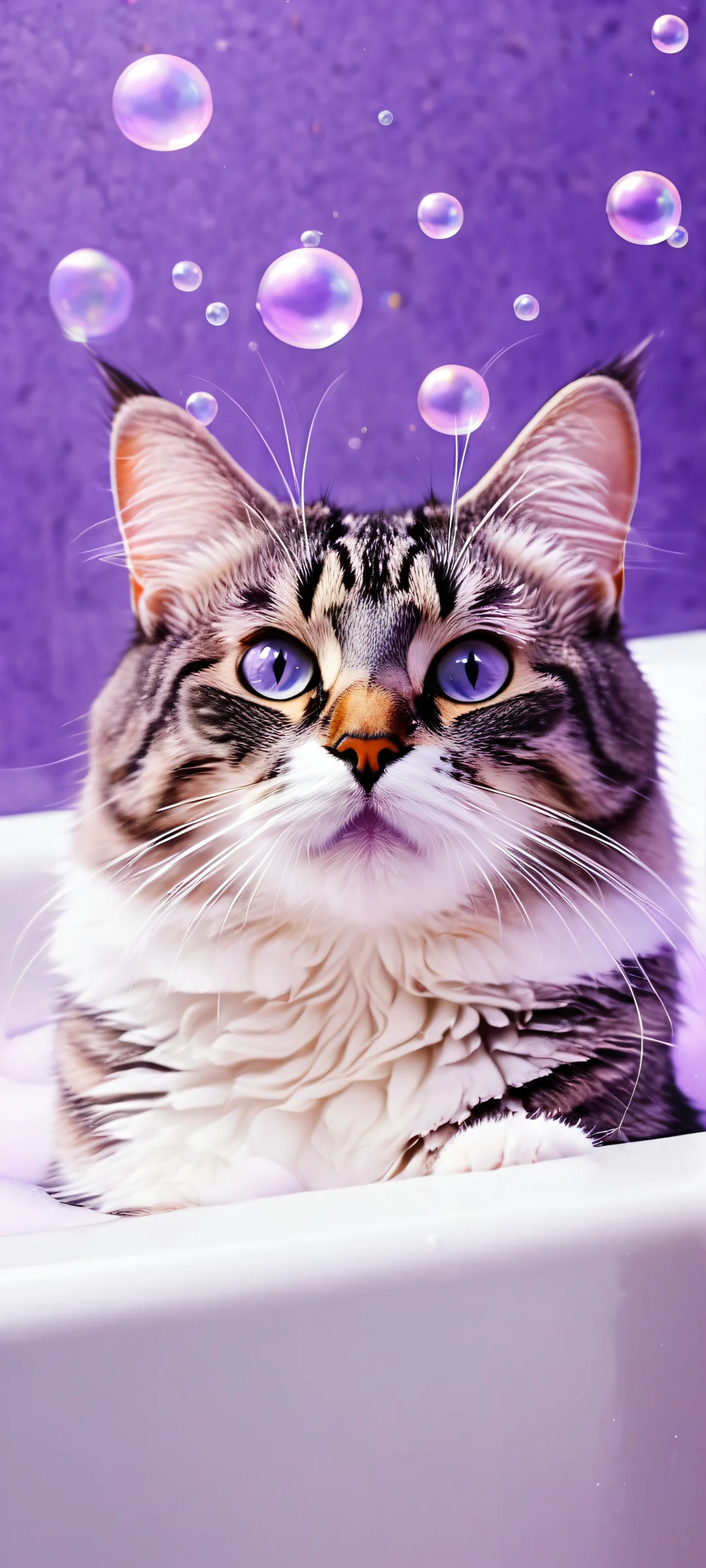 A whimsical cat surrounded by bubbles in a purple bath, perfectly optimized for iPhone and Android home screens.