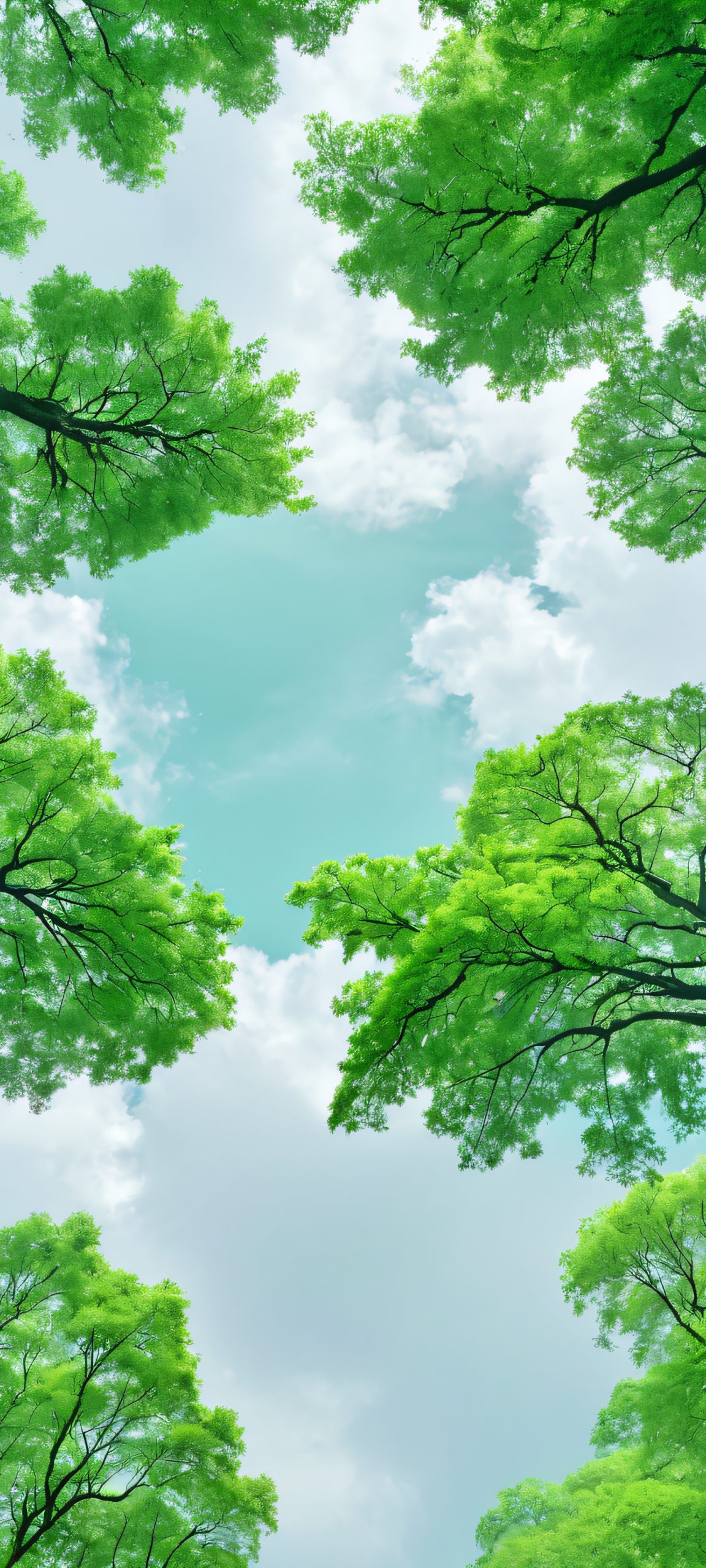 Whispering Forest Lock Screen for iOS & Android Breathtaking vertical mobile phone wallpaper featuring a serene forest with green trees and fluffy clouds on a sunny day, perfect for iPhone or Android.