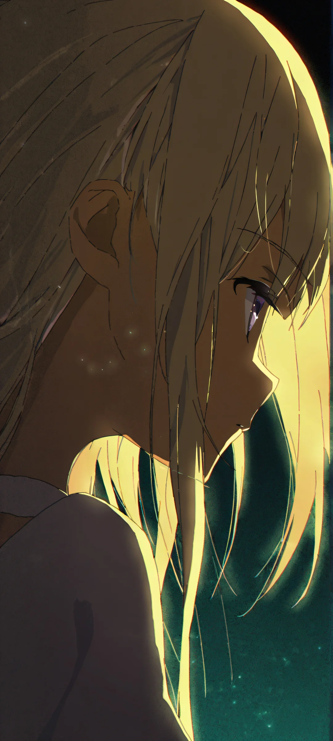 Whispering Starlight iPhone & Samsung QHD Wallpaper A beautiful anime girl portrait with delicate features and cinematic lighting on an iPhone/Android phone background.