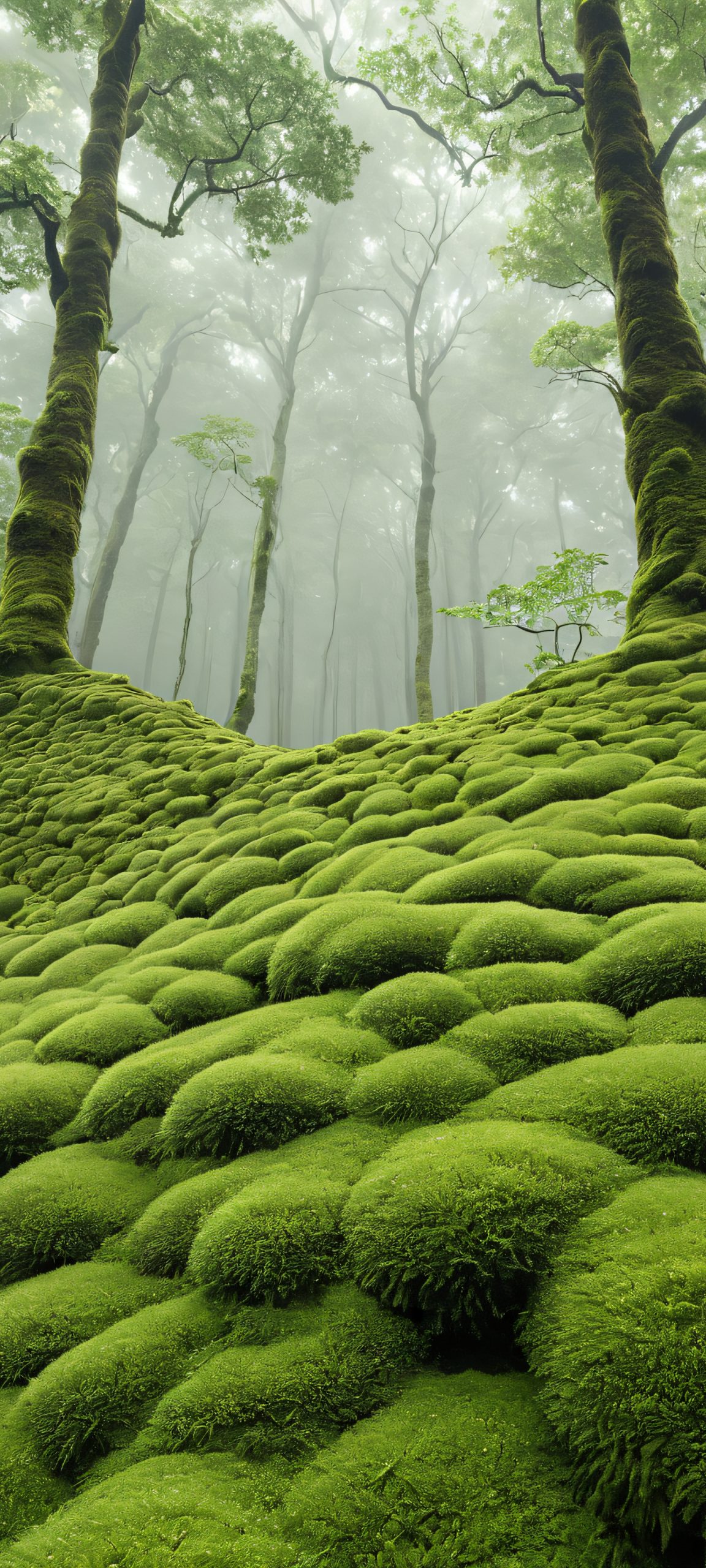 Enchanting vertical mobile wallpaper of mystical treetops on a misty forest evening, perfect for iPhone or Android home screens.