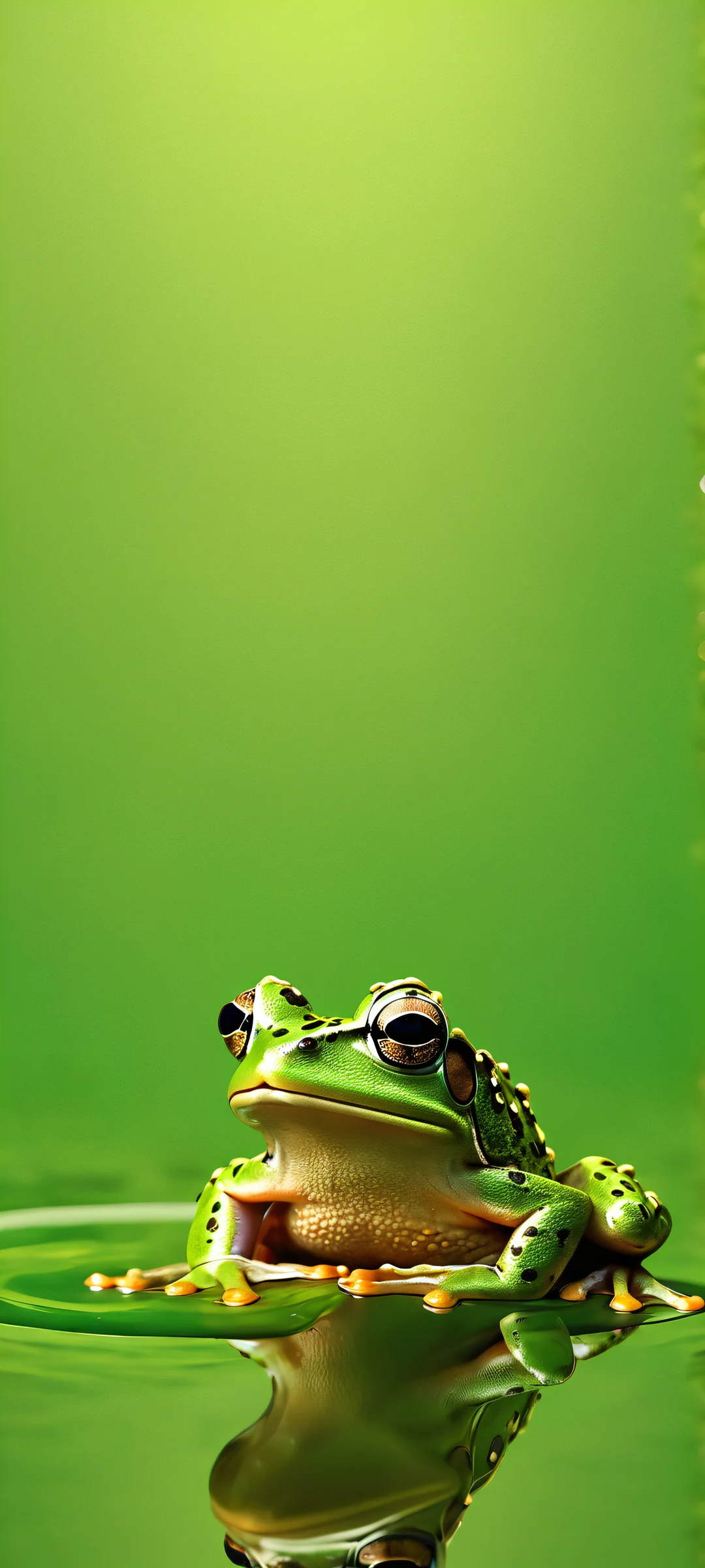 A serene frog surrounded by soft reflections and muted greenery on a peaceful pond scene, perfect for iPhone/Android home screens.