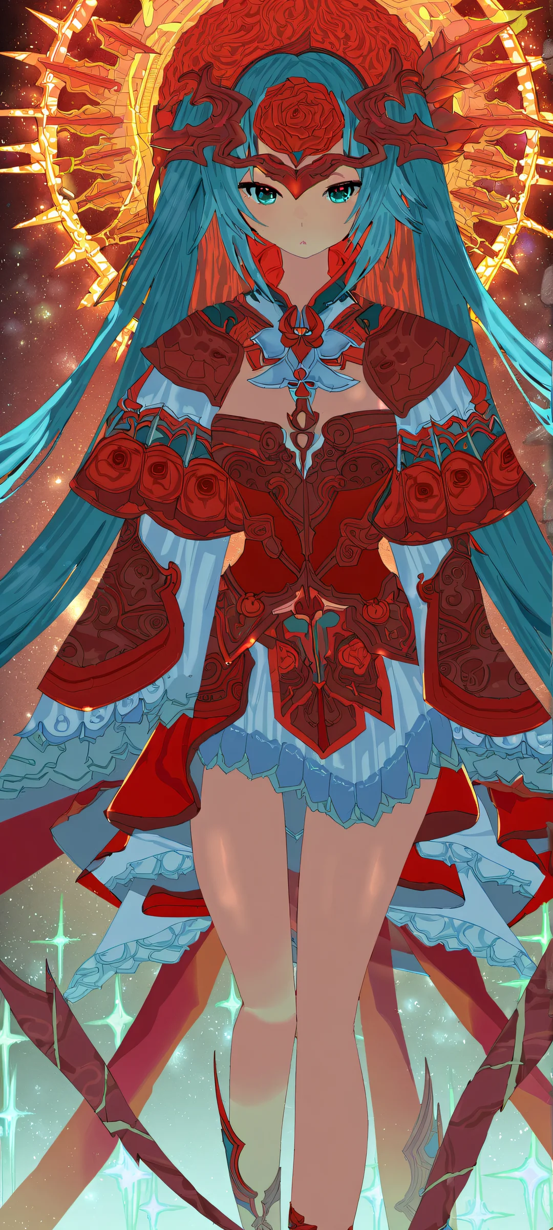 A beautiful illustrated girl surrounded by soft blue and red hues, perfekt optimiert für iPhone/Android-Startbildschirme.