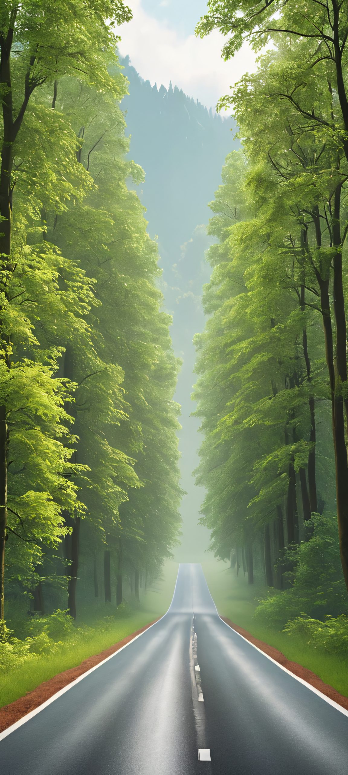 A serene road amidst a lush forest, perfectly optimized for iPhone and Android home screens.