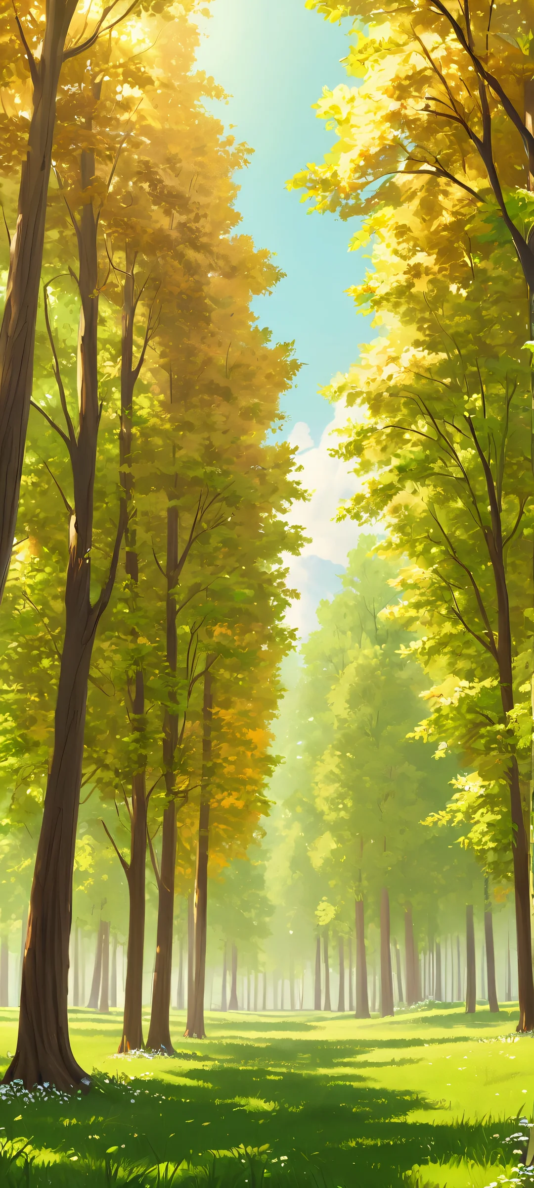 A serene digital painting of trees in daylight, iPhone と Android のホーム画面に完全に最適化.