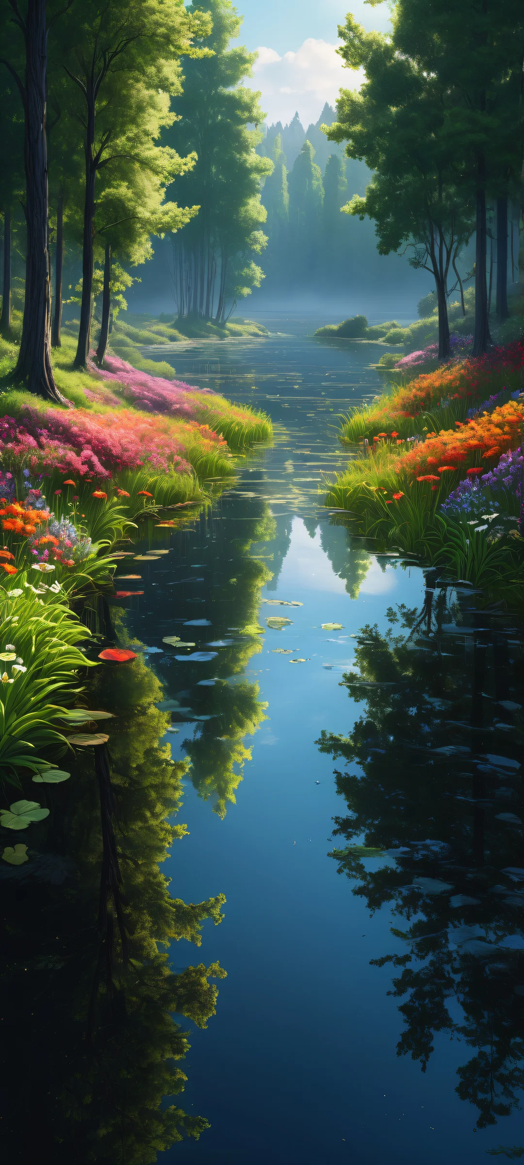 Beautiful serene landscape of a forest with trees and water on an iPhone or Android device background.