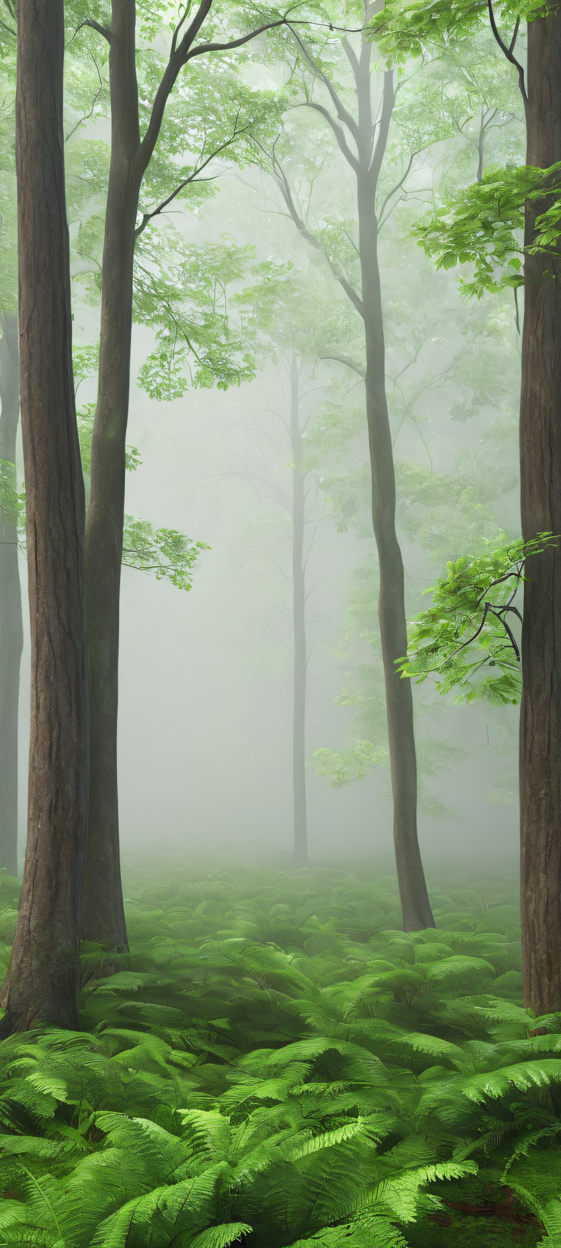 A serene forest landscape with tall trees and misty fog, perfectly suited for iPhone/Android home screens.