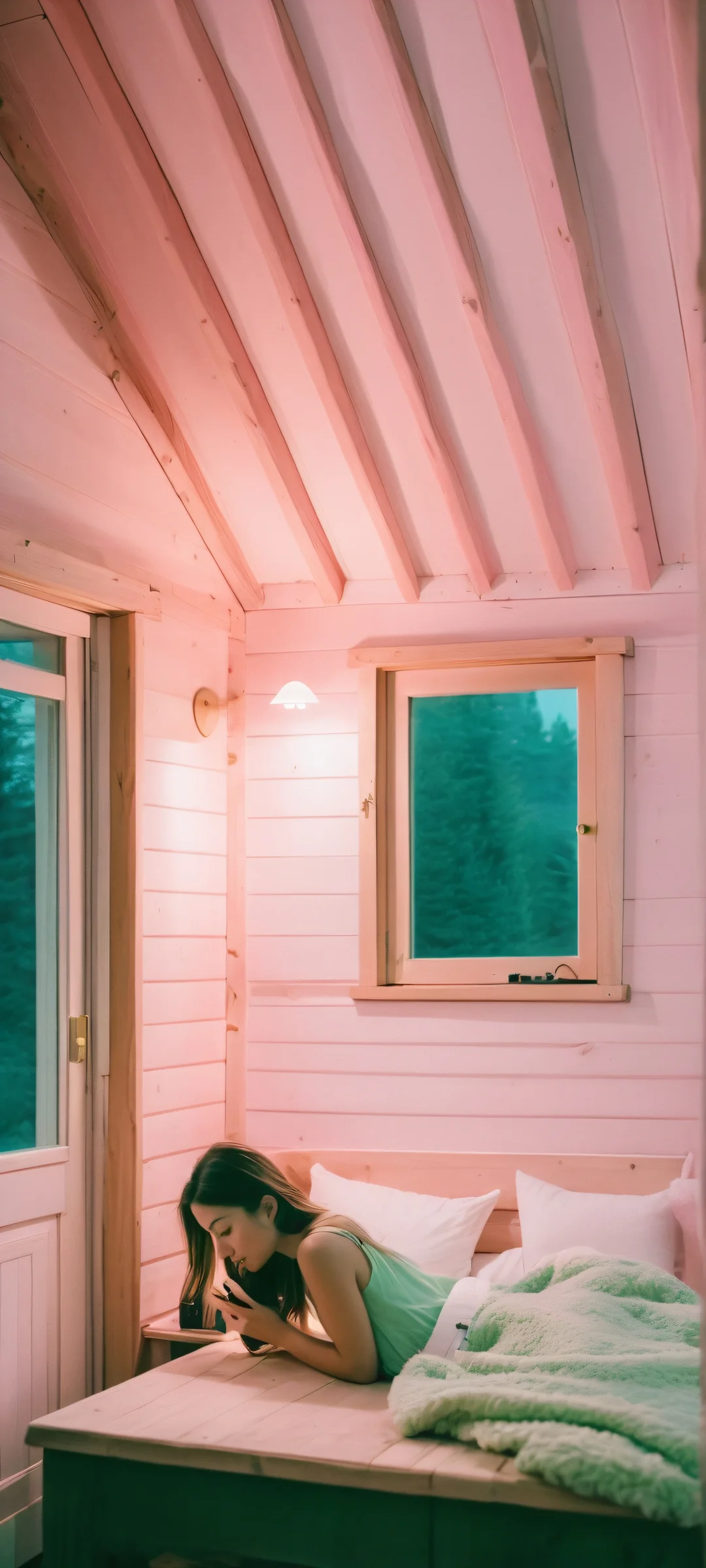 Whispering Woods iPhone & Android Wallpaper Girl sitting by a remote cabin at night with volumetric lighting. Perfect for iPhone/Android home screens.