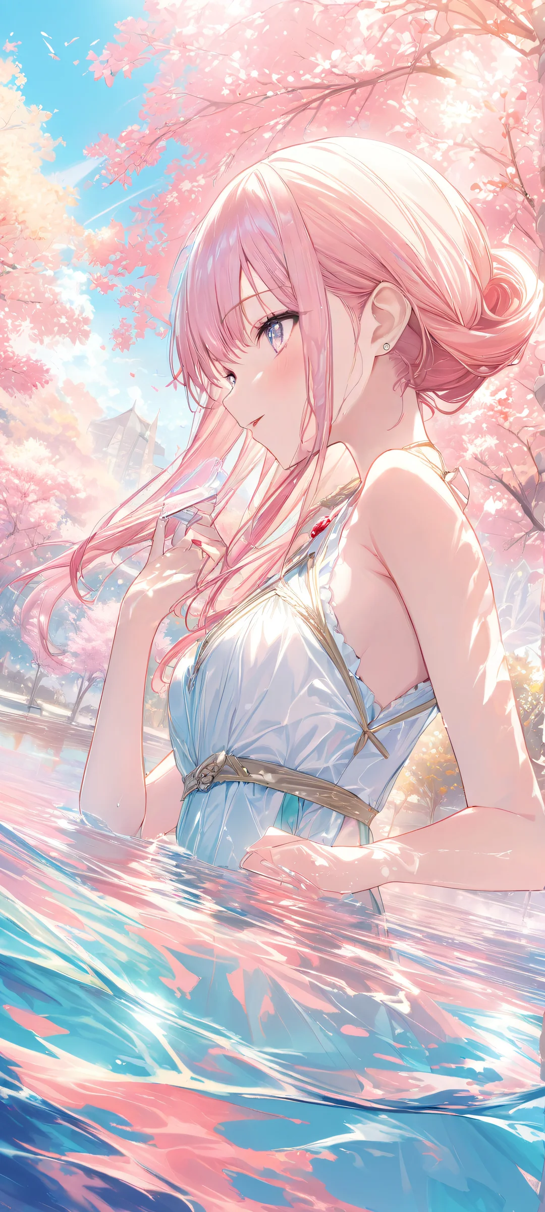 Illustrative masterpiece of a serene woman sitting by the water's edge, optimized for iPhone/Android mobile devices.