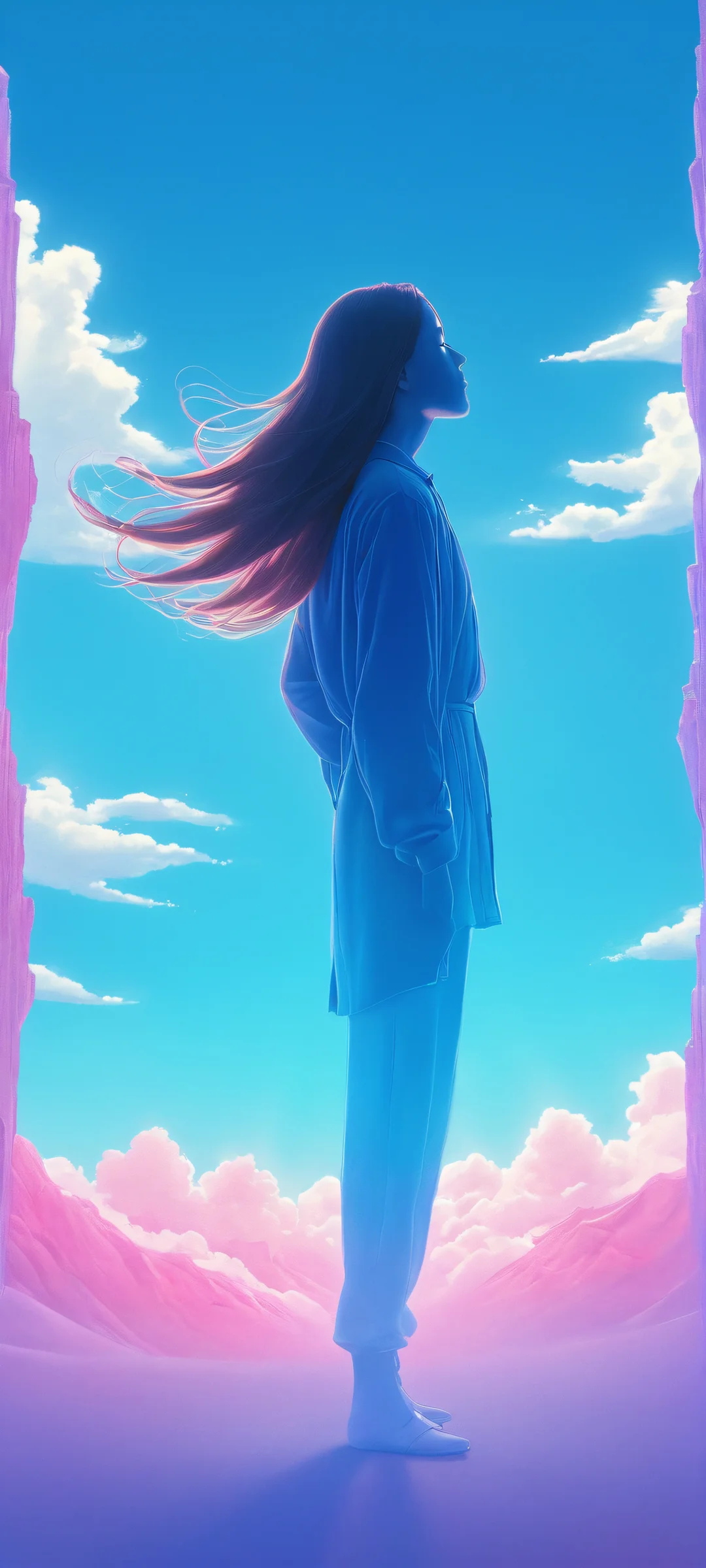 Whispers from Beyond 2K QHD Mobile Wallpaper Enigmatic person with long hair against a surreal dreamlike landscape on an iPhone/Android screen.