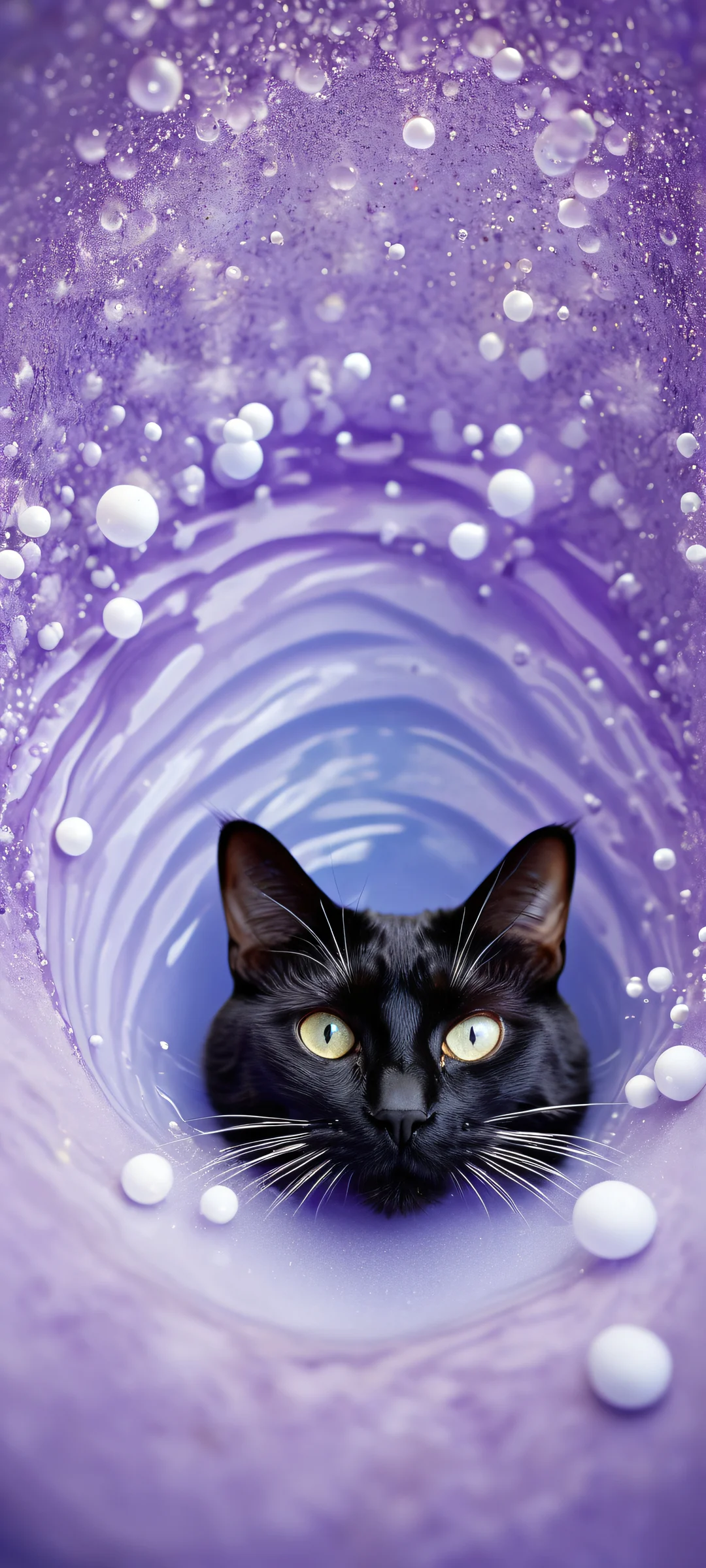 A majestic black cat emerges from a sea of white bath bubbles on an iPhone or Android device, surrounded by mystical underwater elements and ethereal lighting.