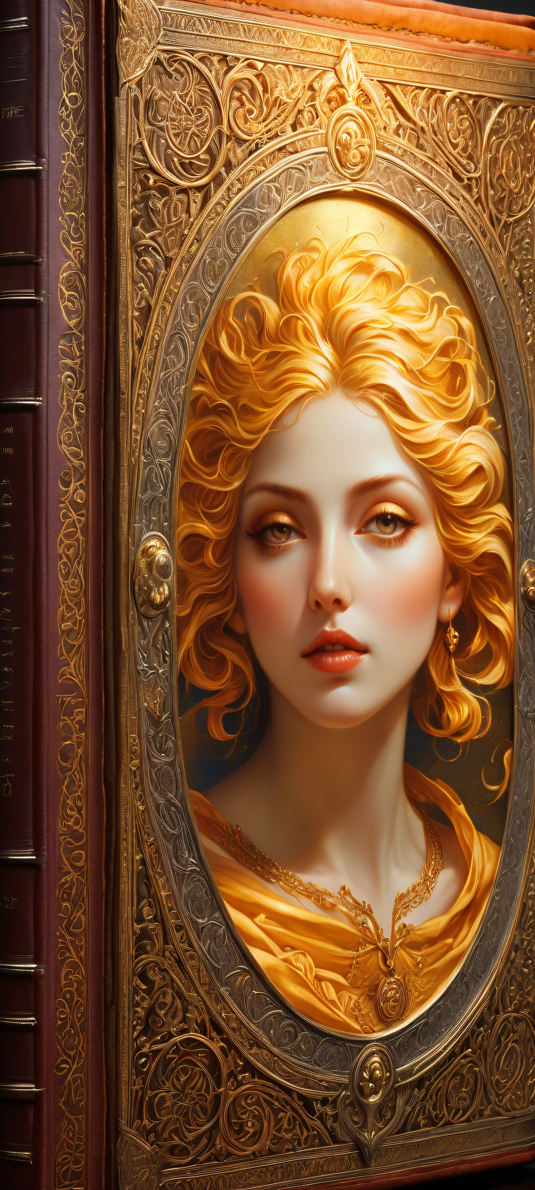 Mysterious woman surrounded by ancient leather binding and worn-out pages of a tome, perfectly clean top half for iPhone/Android home screens.