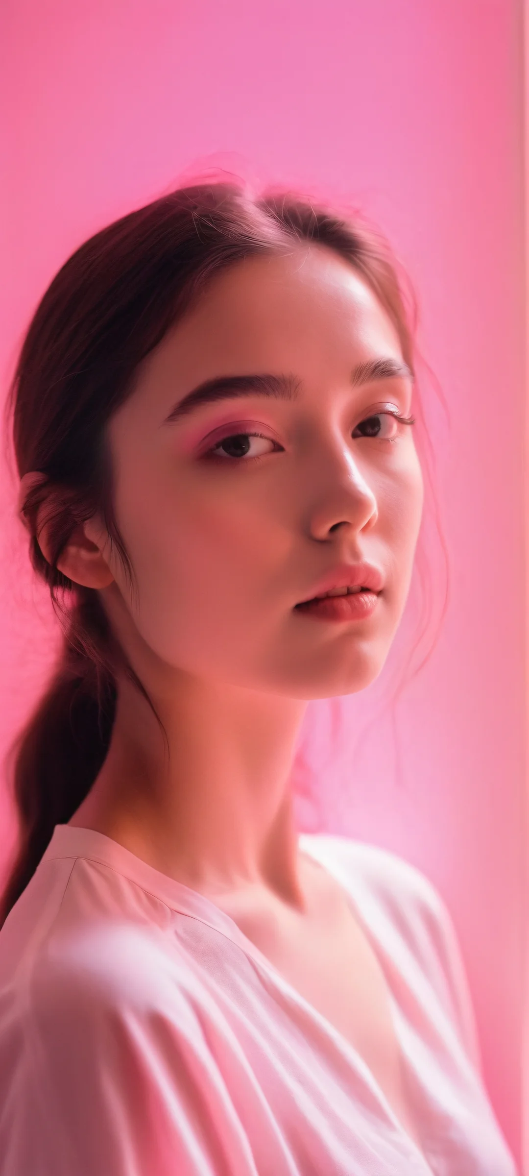 Whispers in Pink Lock Screen for iOS & Android A cinematic vertical wallpaper of a girl bathed in glowing pink light, perfectly optimized for iPhone and Android home screens.