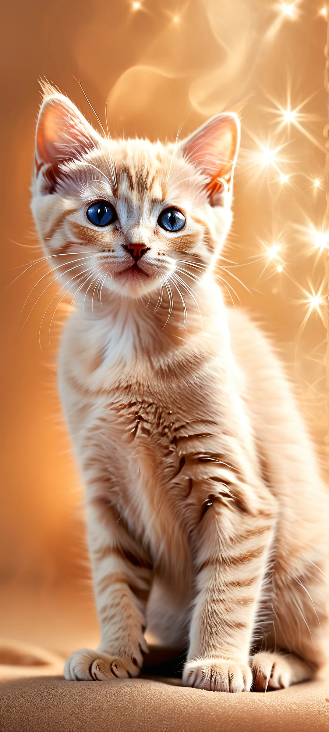 A mystical kitten silhouette against a smoky backdrop of twinkling starlight, perfect for iPhone and Android home screens.