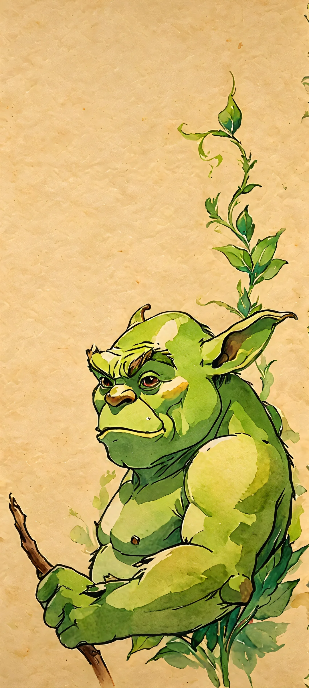 A mystical scene of a green ogre amidst aged paper and watercolor ink, perfectly suited for your iPhone or Android home screen.