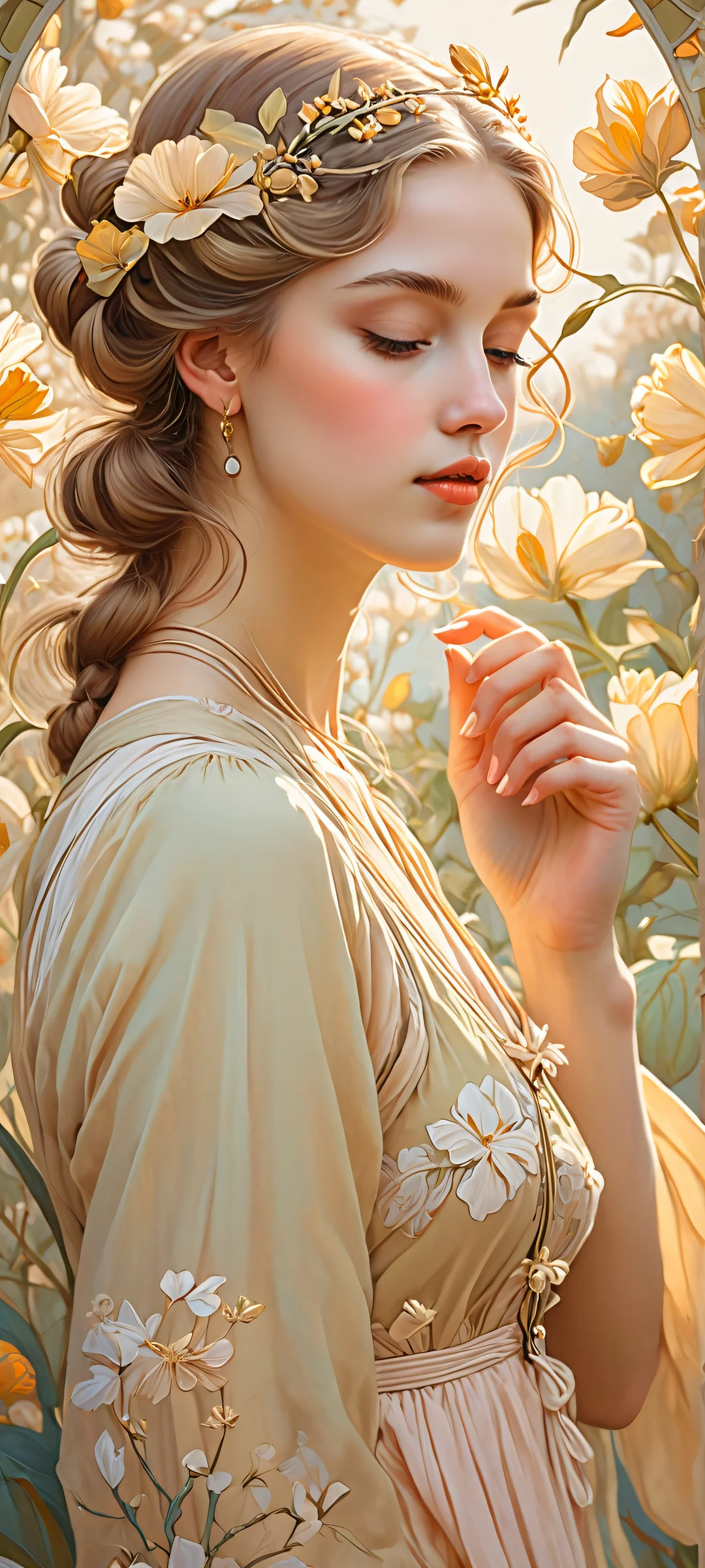 A beautiful illustrative art nouveau scene of a girl surrounded by blooming flowers and soft golden light, perfectly optimized for iPhone and Android home screens.