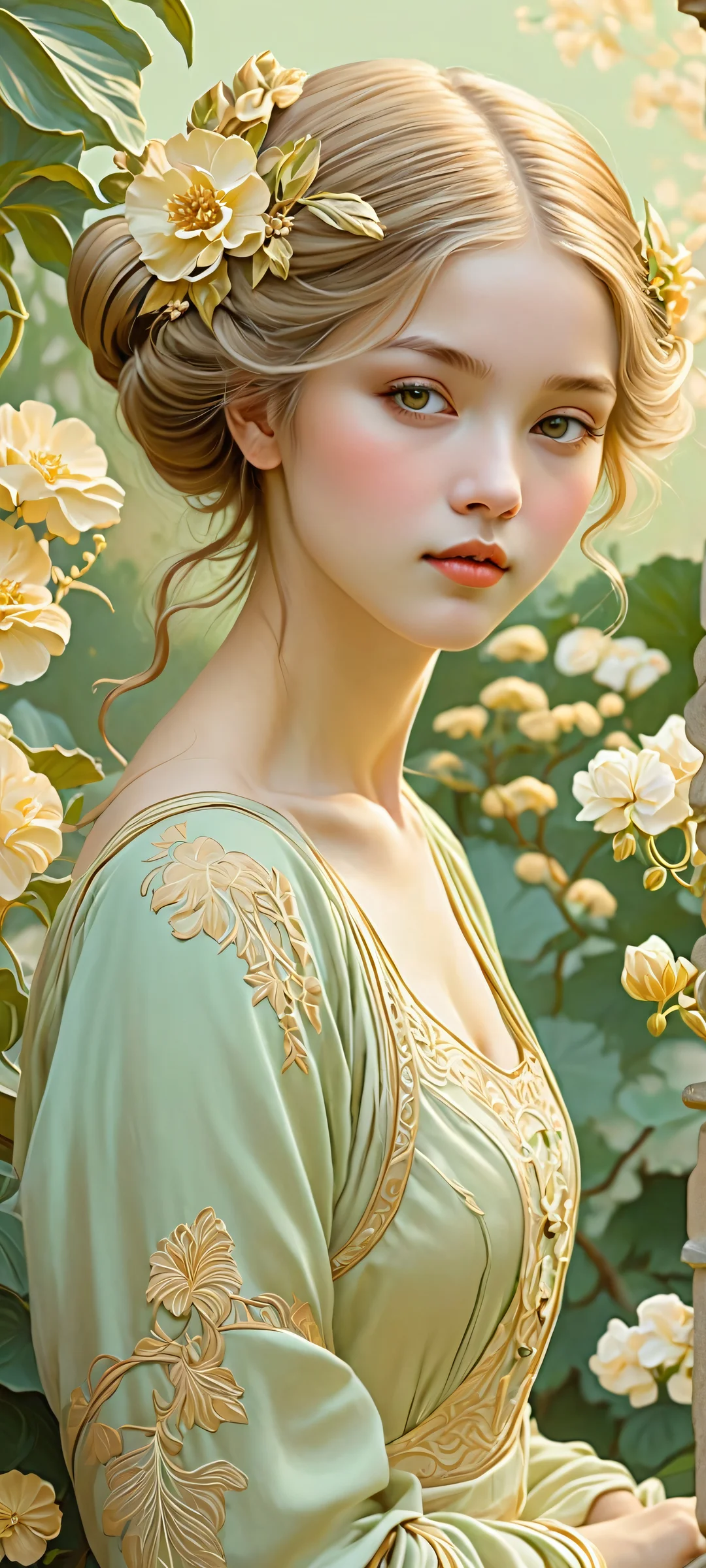 A serene girl amidst a terraced garden, exuding elegance and artistry. Perfectly suited for iPhone/Android home screens.
