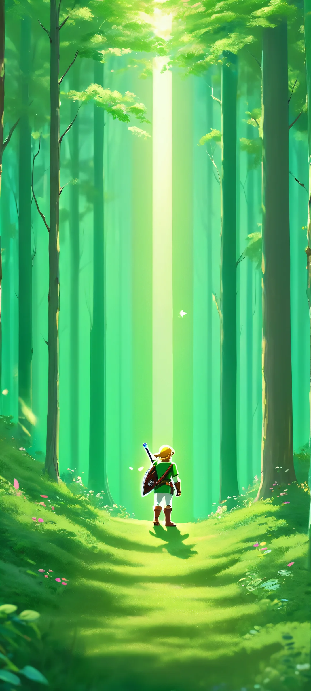 Whispers in the Green 2K Mobile Background iPhone and Android users, immerse yourself in a mystical forest scene with Link, featuring whimsical green light and pastel hues.