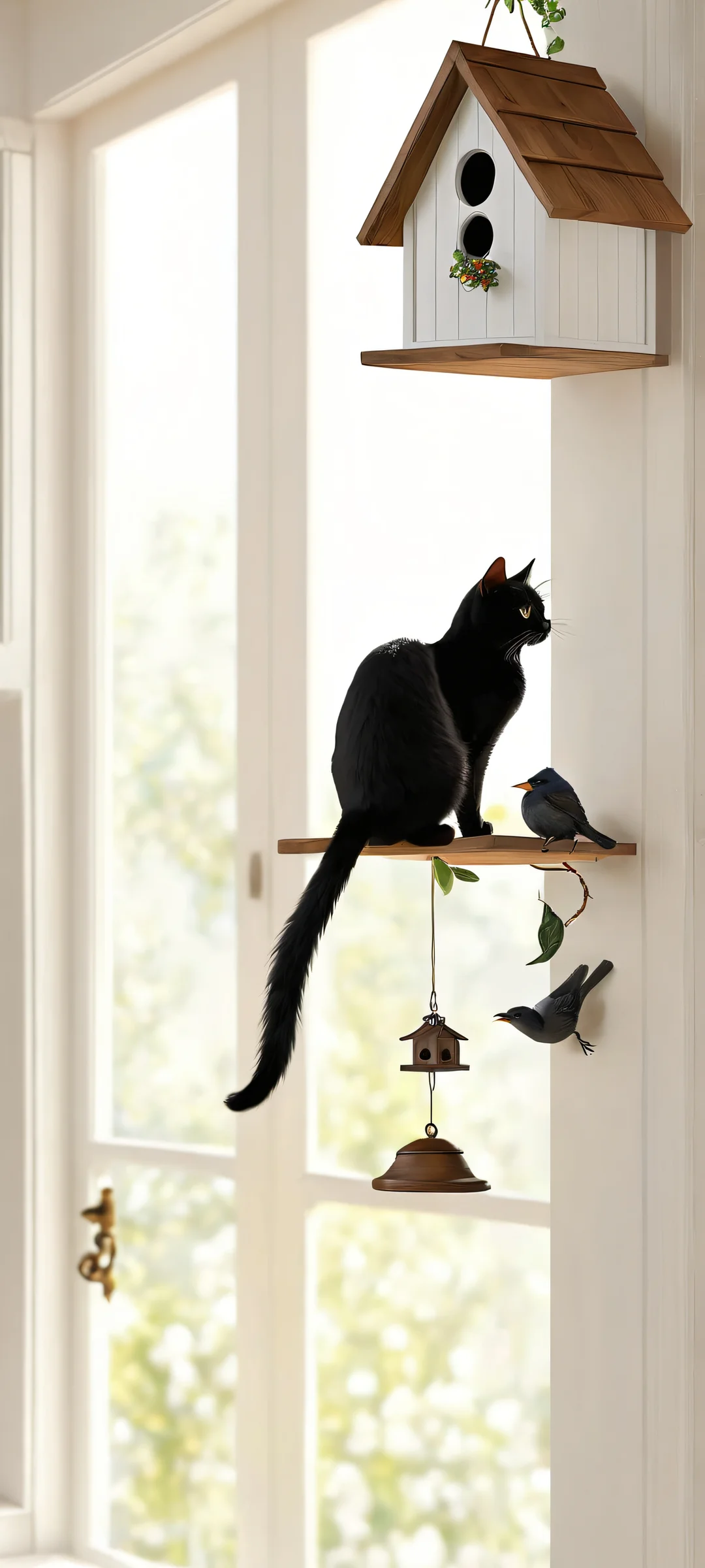 A majestic black cat and a bird sharing a tender moment inside a cozy birdhouse. Perfect for iPhone or Android home screens.