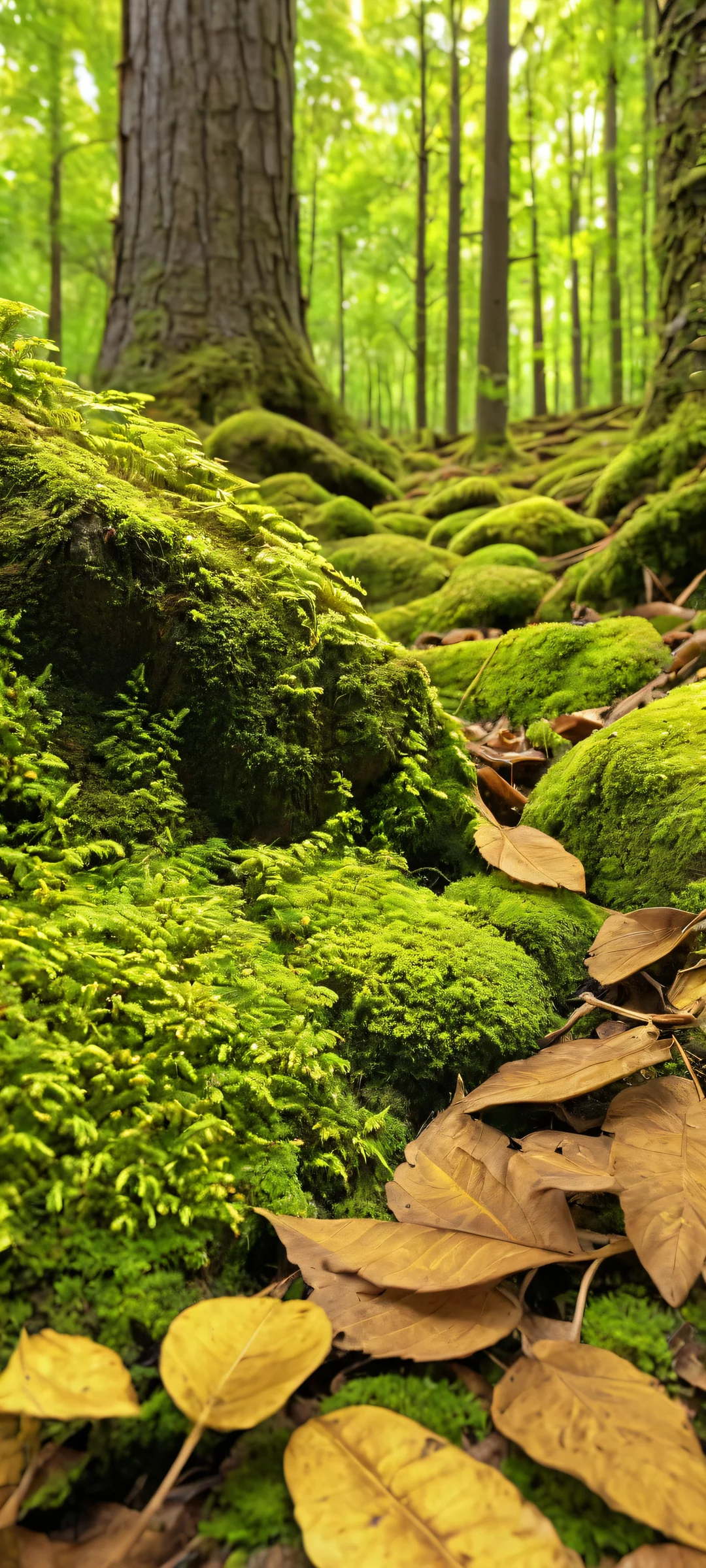 iPhone and Android users will fall for this serene forest floor scene featuring shaded old-growth woodland, soft golden shafts, and lush greenery.