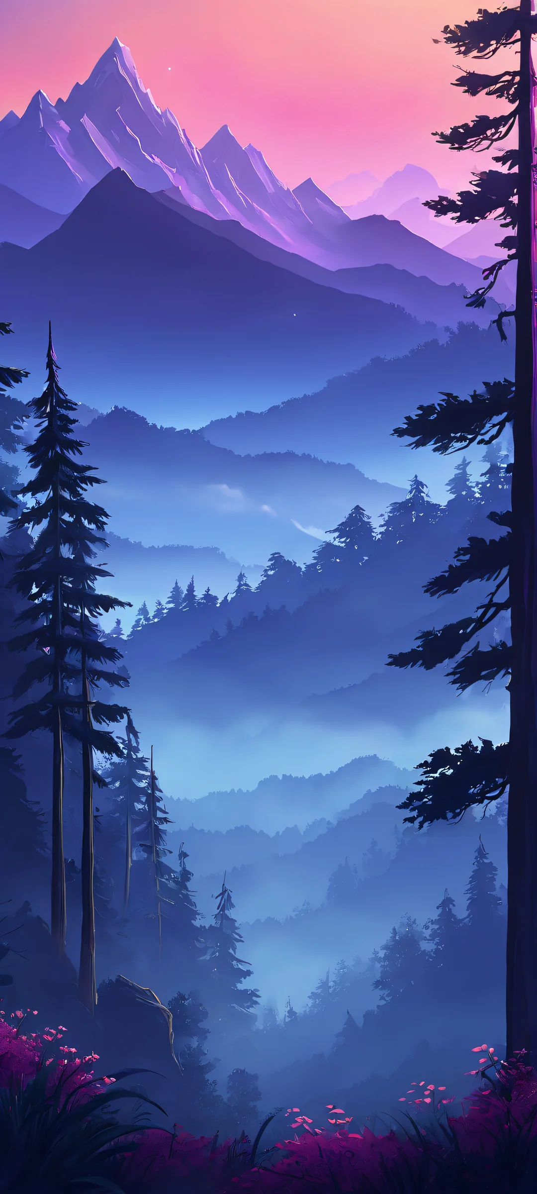 Beautiful distant mountains and foggy forest digital painting perfect for iPhone or Android home screens.