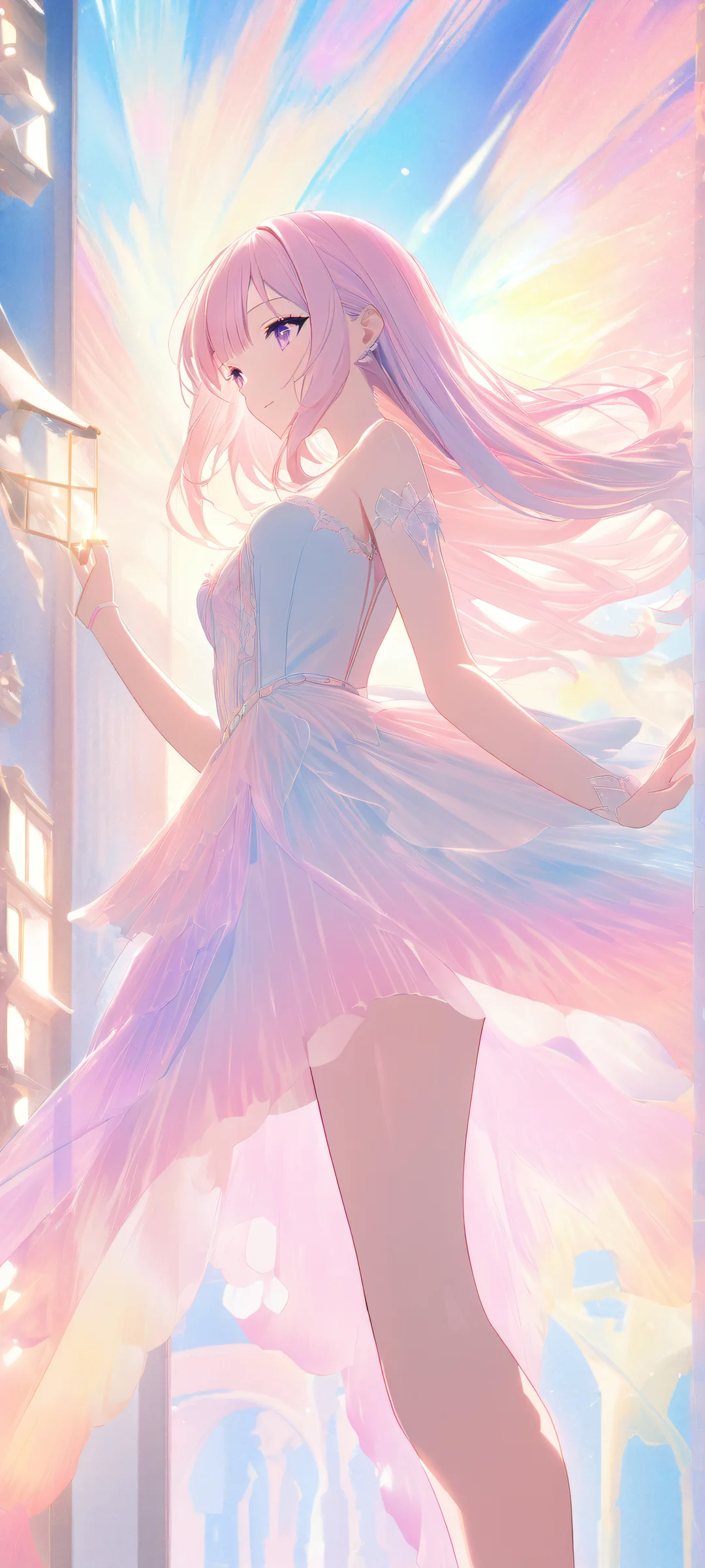 Delicate anime girl with dreamy pastel hues and cinematic volumetric lighting on a stunning iPhone/Android mobile phone background.