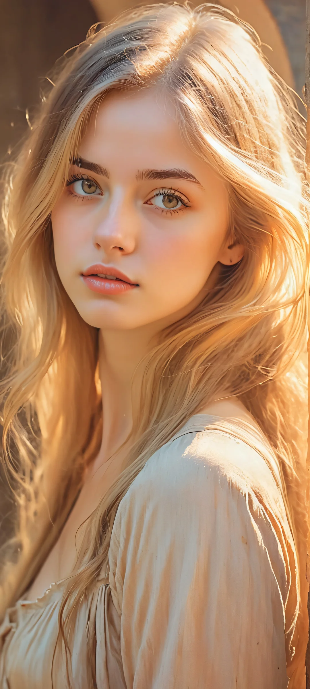 A nostalgic illustration of a girl with long hair standing amidst the ruins of an ancient forge, perfectly optimized for iPhone and Android devices.