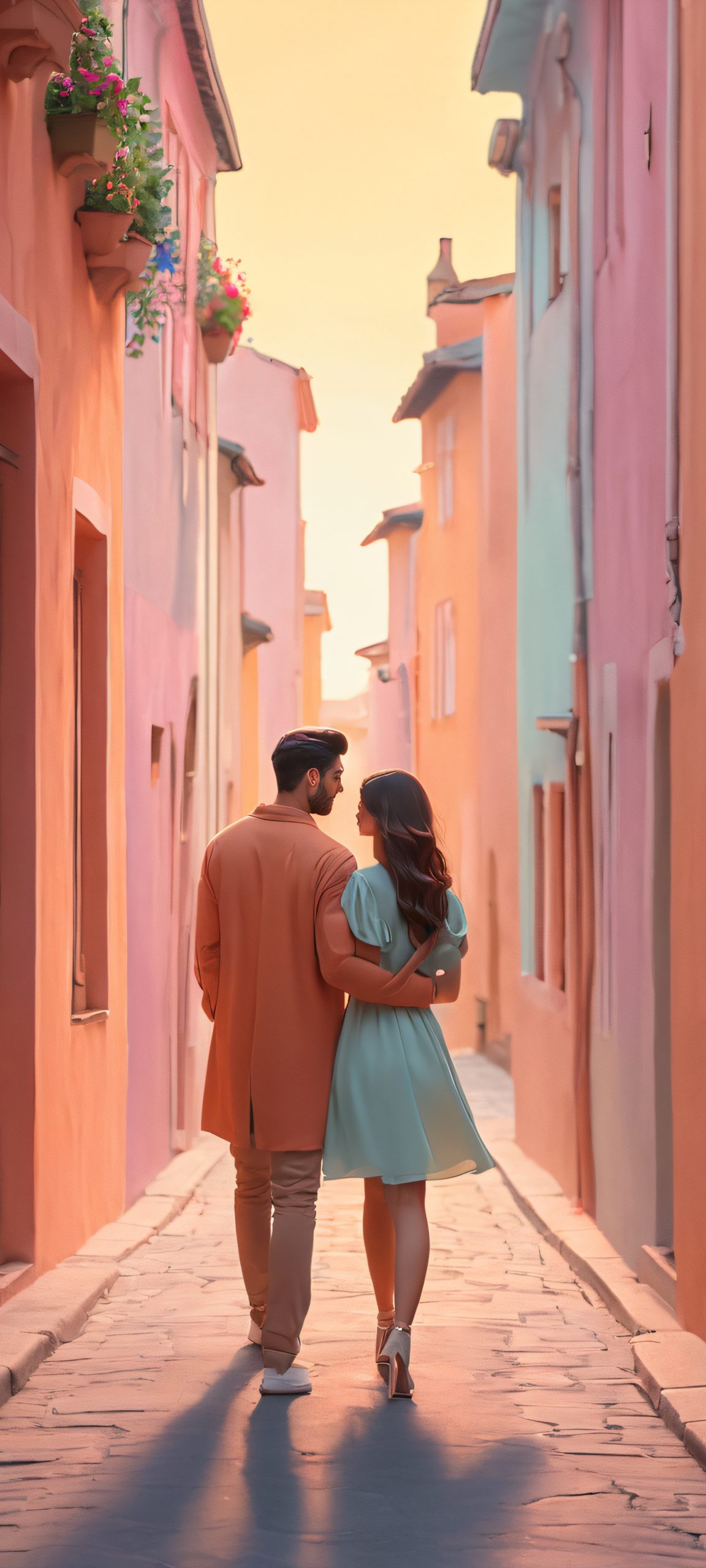 Couple embracing in a romantic urban setting, perfect for iPhone/Android home screens