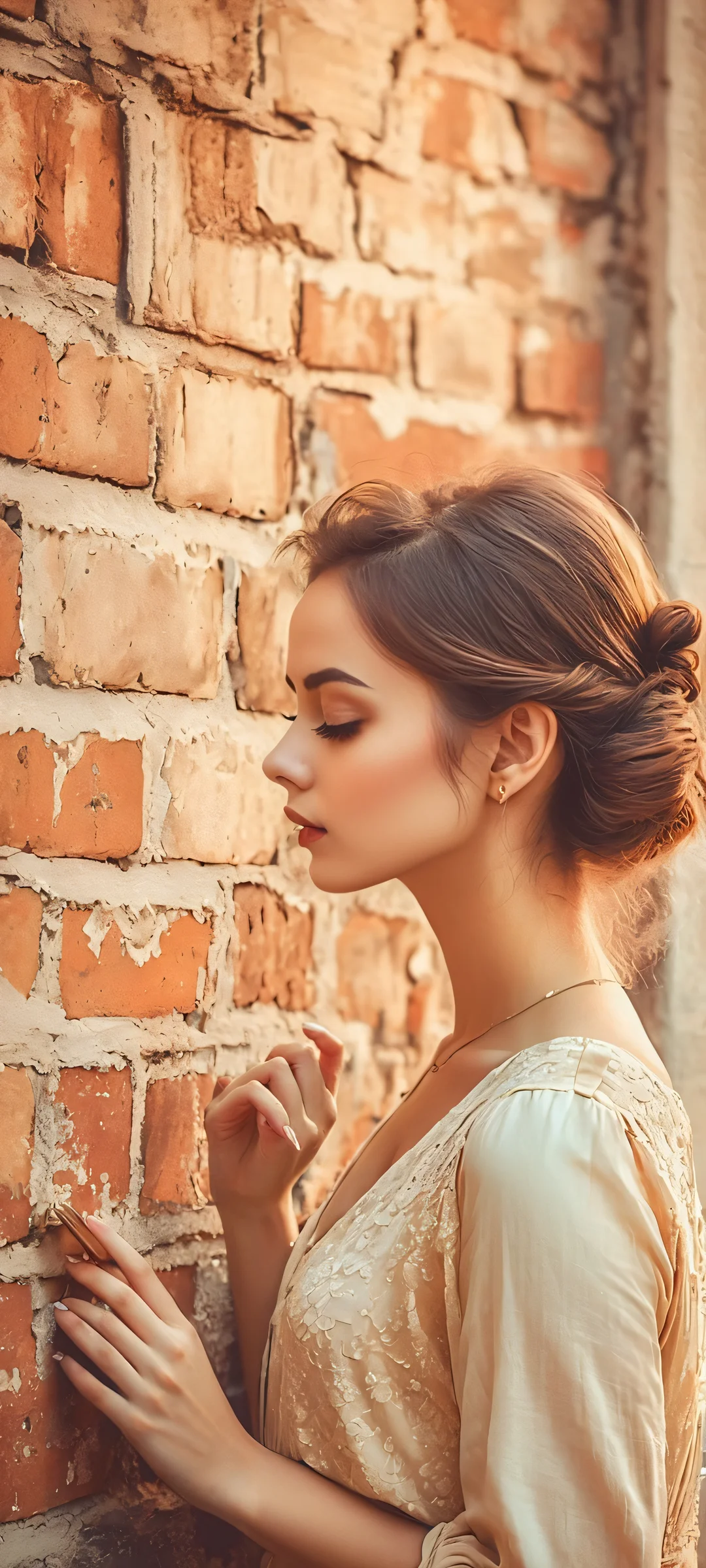A soft, golden-hued illustration of a girl standing in front of a vintage-style brick wall. Perfectly optimized for iPhone, Samsung Galaxy, and Android home screens.