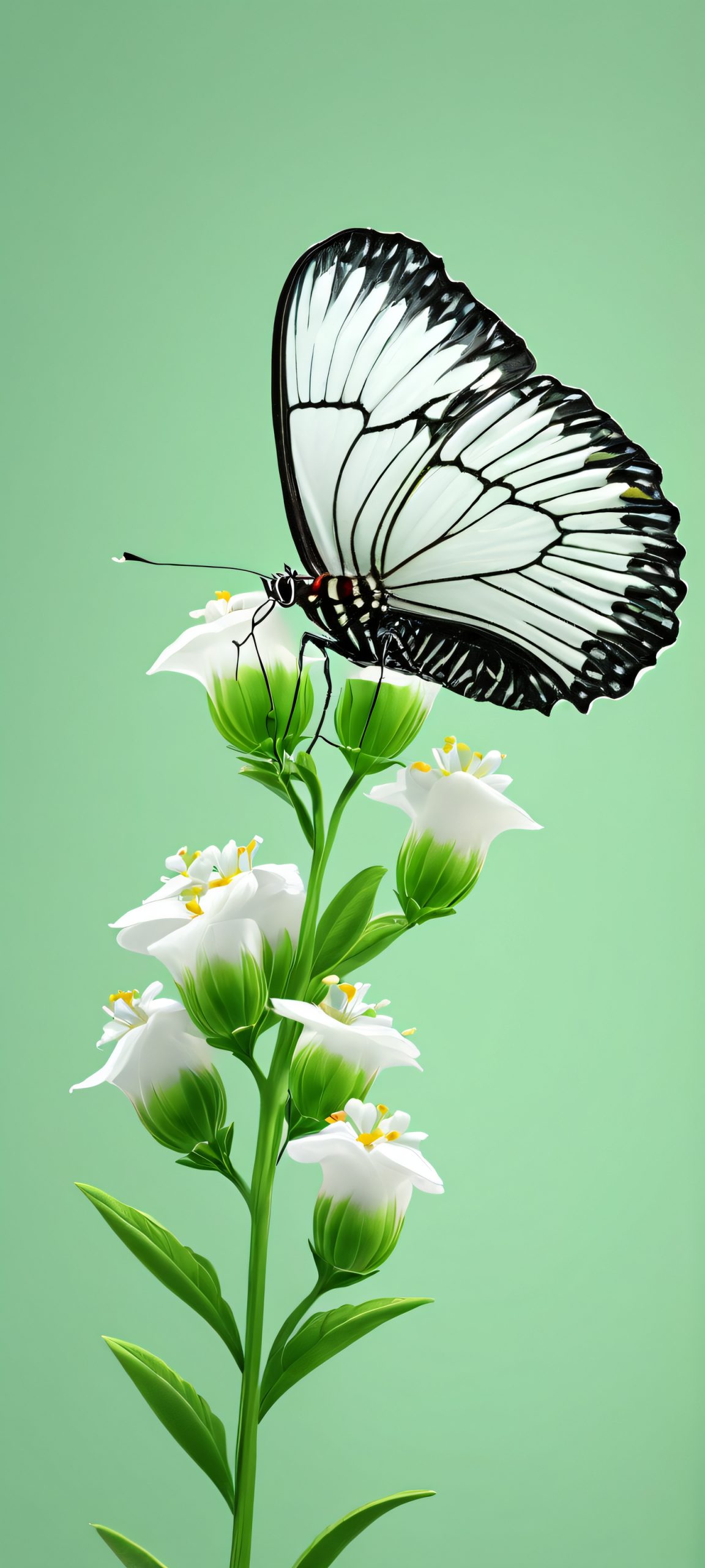 Delicate butterfly and vibrant flower on a soft green background, perfect for iPhone/Android homescreens