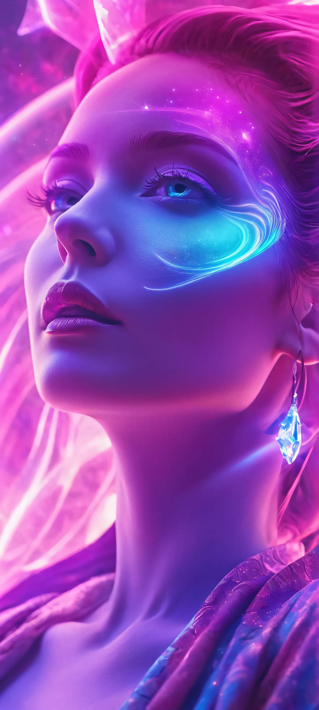 A stunning double exposure of a sorceress amidst a vibrant nebula on an iPhone or Android home screen.