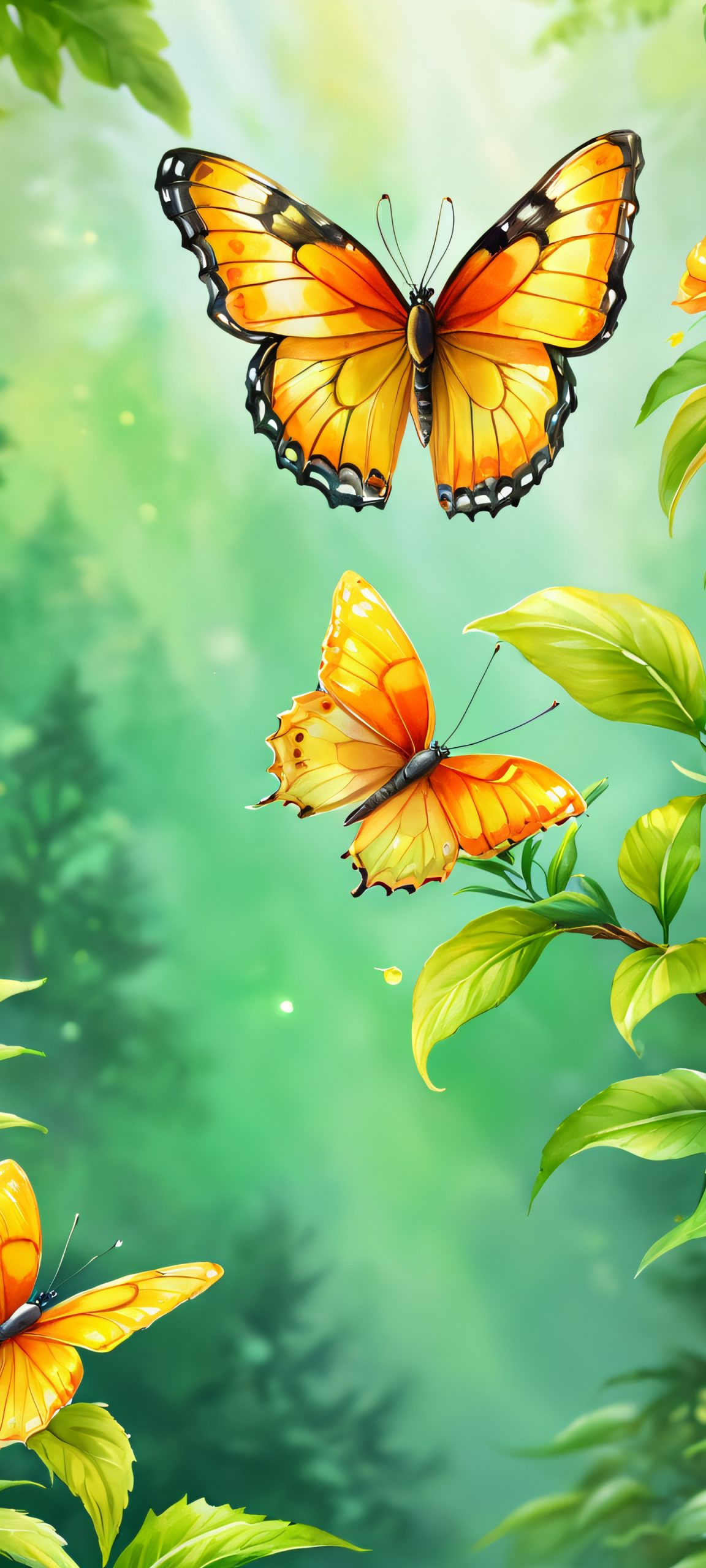 Butterfly perched on a watercolor forest branch, perfect for iPhone/Android