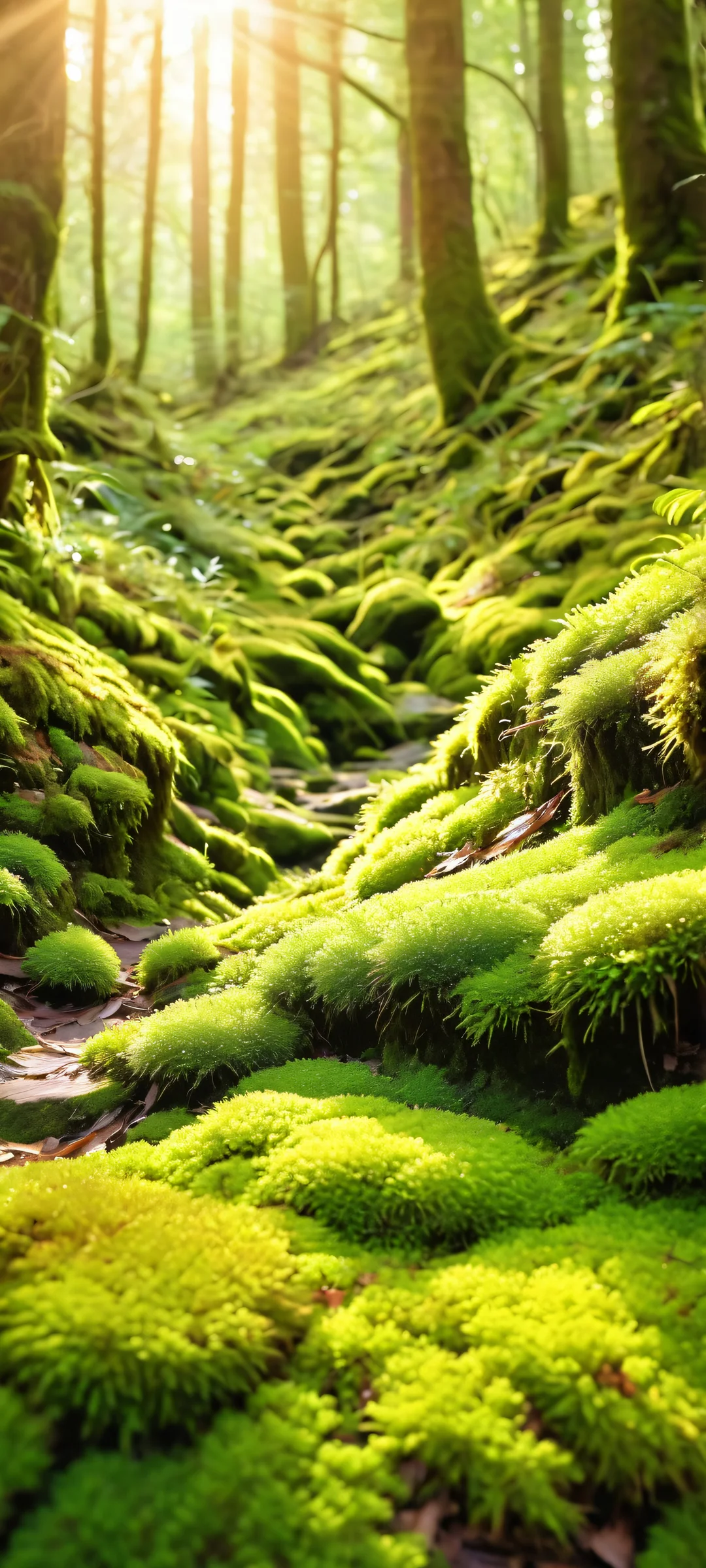 iPhone/Android wallpaper featuring a realistic forest floor with soft sunbeams and mossy textures