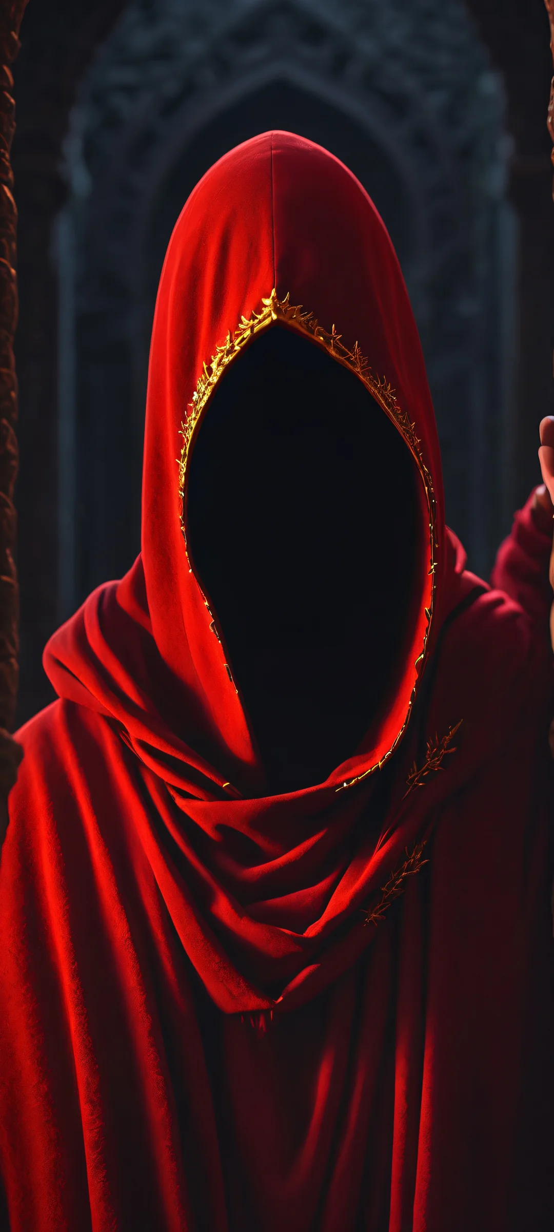 A hauntingly beautiful gothic landscape featuring a hooded figure standing on a stone dais amidst glowing thorns, rendered in deep crimson and gold hues, parfaitement optimisé pour les écrans d'accueil iPhone et Android.