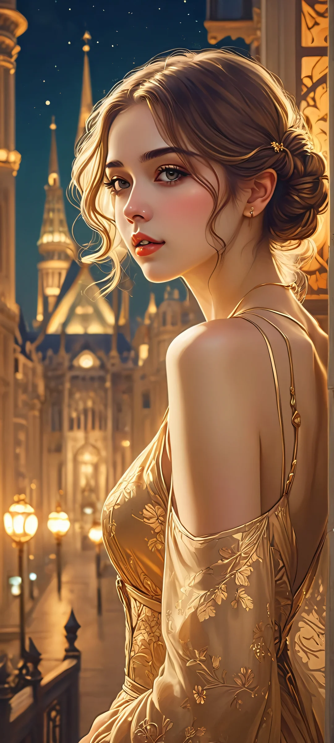 Whispers of the Past Lock Screen for iOS & Android Girl standing amidst a vibrant night cityscape with Art Nouveau architecture, glowing softly in golden light, reminiscent of nostalgic memories - perfect for iPhone and Android devices.
