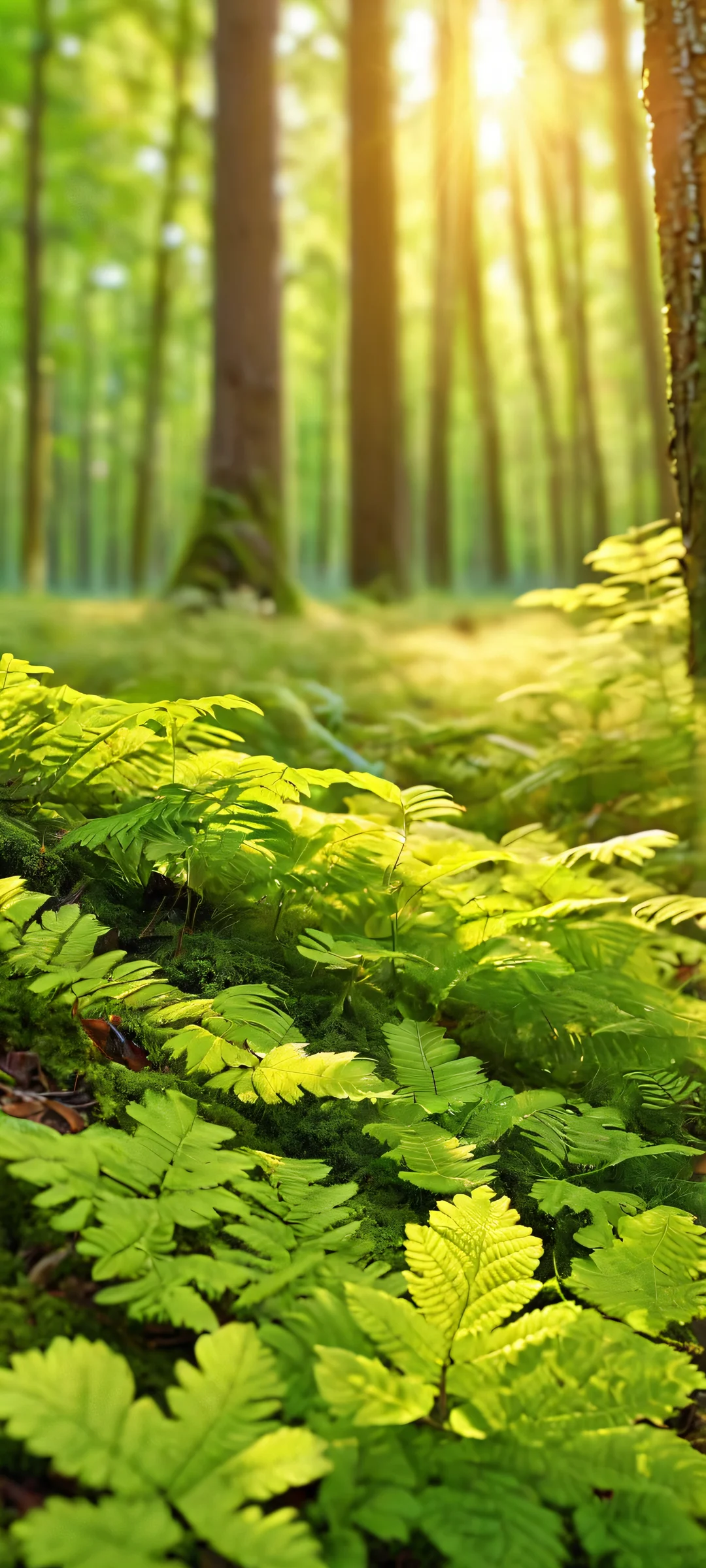 Breathtaking forest floor landscape with soft golden light and vibrant greens, perfect for iPhone/Android home screens.