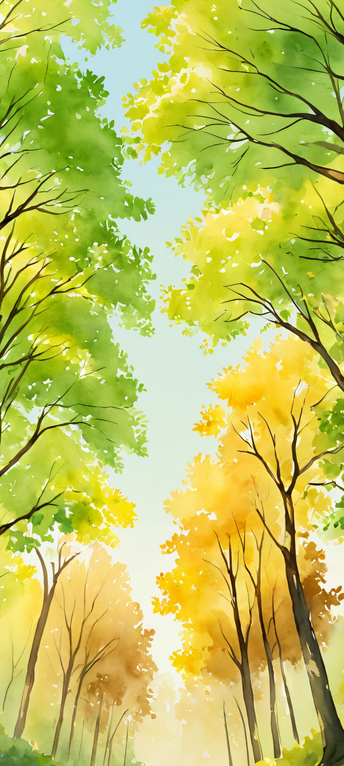 A serene park scene featuring lush trees and a serene watercolor-inspired background, perfect for iPhone/Android home screens.