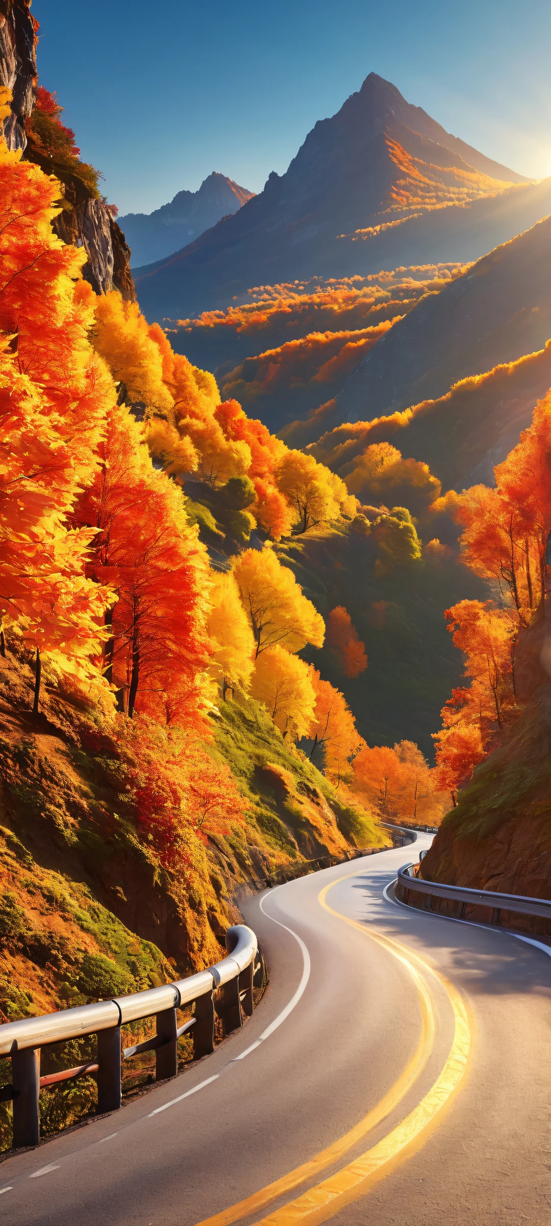 Escape to a serene autumn landscape featuring winding mountain roads, vibrant leaves, and softly illuminated scenery. Perfect for iPhone/Android home screens.