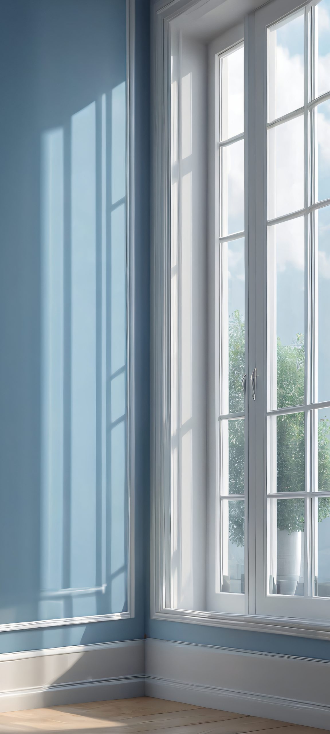 Beautiful indoor window reflections in soft blue, gray, and white tones, perfect for iPhone and Android home screens.