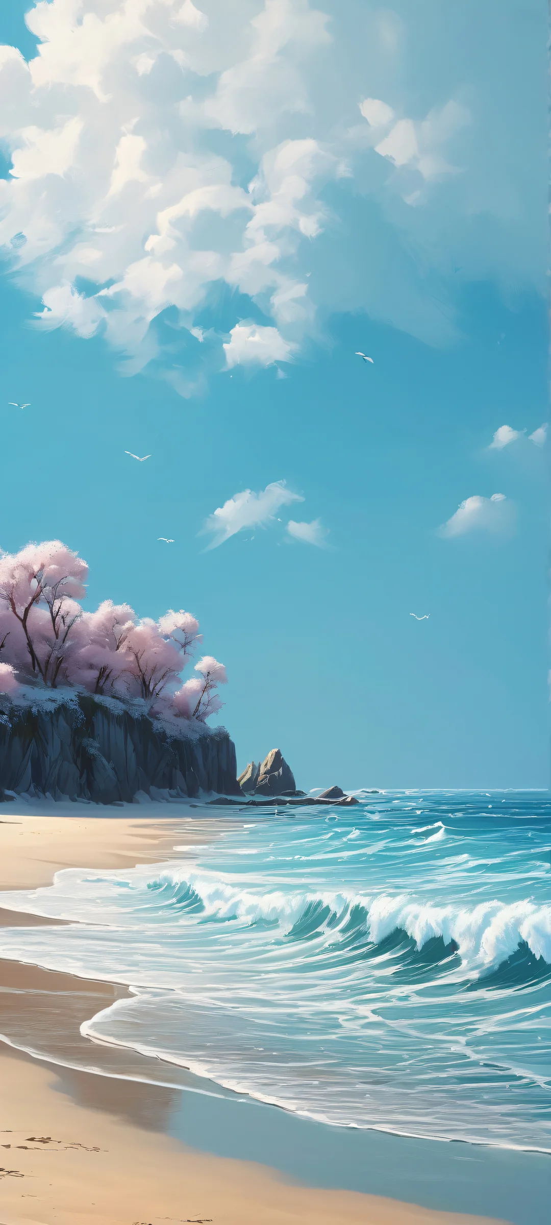 A dramatic digital painting of a harsh winter storm hitting a serene beach landscape on an iPhone or Android device.