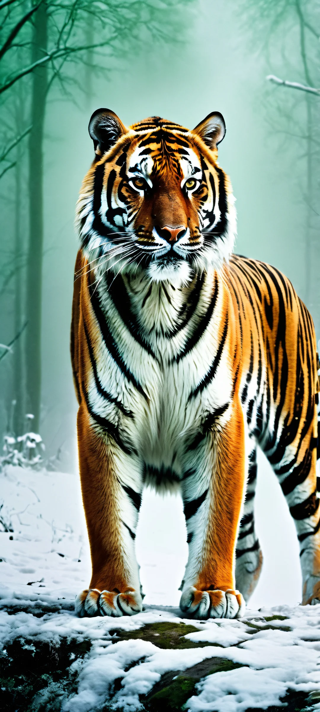 A majestic tiger standing amidst snowy trees, perfectly framed for your iPhone or Android home screen.