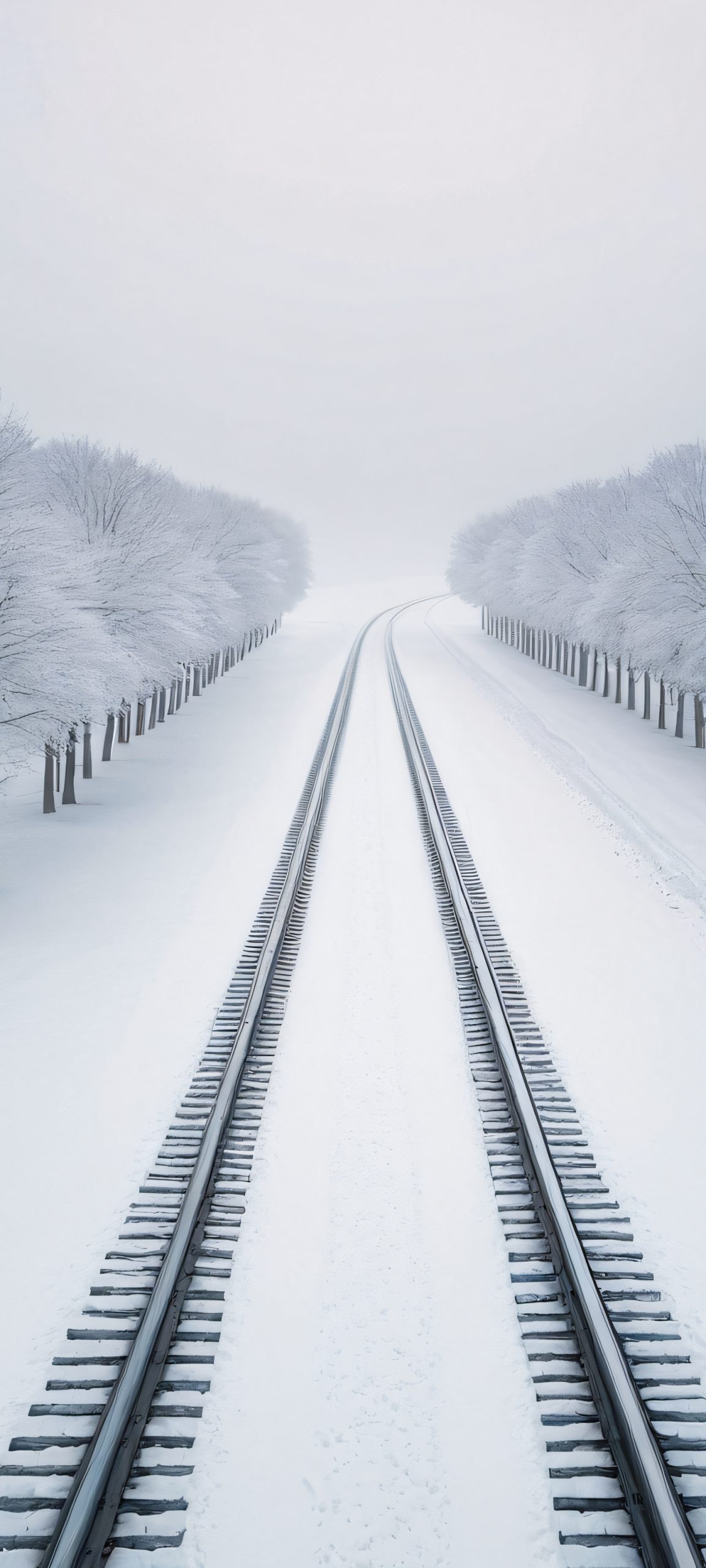 Train tracks winding through a snowy landscape on an iPhone/Android, perfectly optimized for a beautiful home screen.