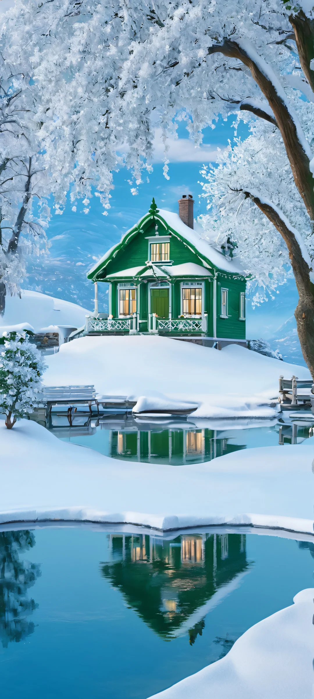 Breathtaking winter landscape with water and reflections on iPhone/Android