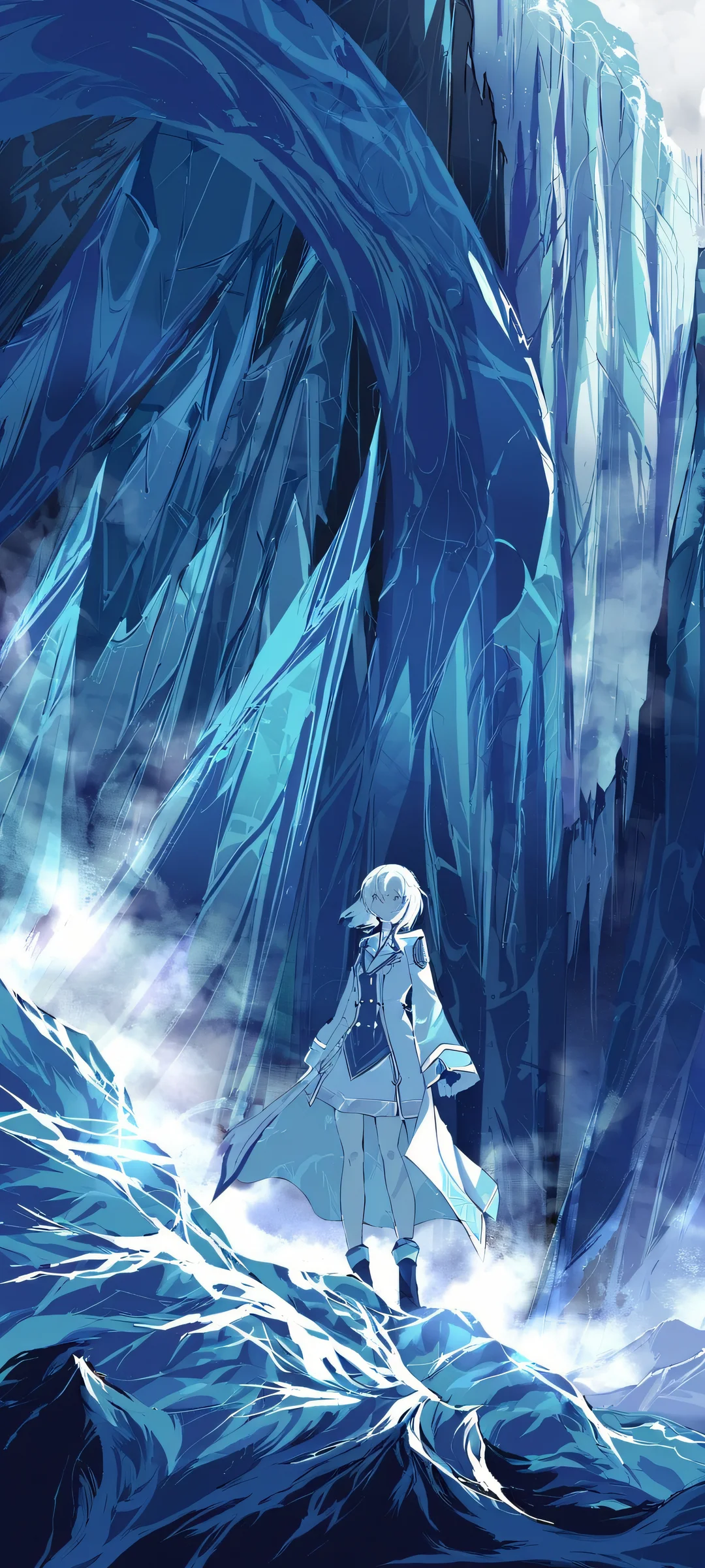Winter Wonderland Girls iPhone & Android Wallpaper Beautiful school uniformed video game girls set against a stunning winter glacier backdrop, perfectly optimized for iPhone and Android home screens.