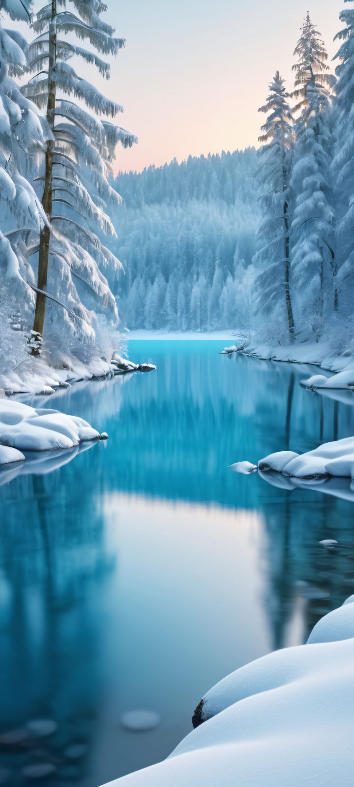 Beautiful snowy forest landscape, perfect for iPhone or Android home screen, featuring serene lake and softly lit trees, a masterpiece of nature's wonders.