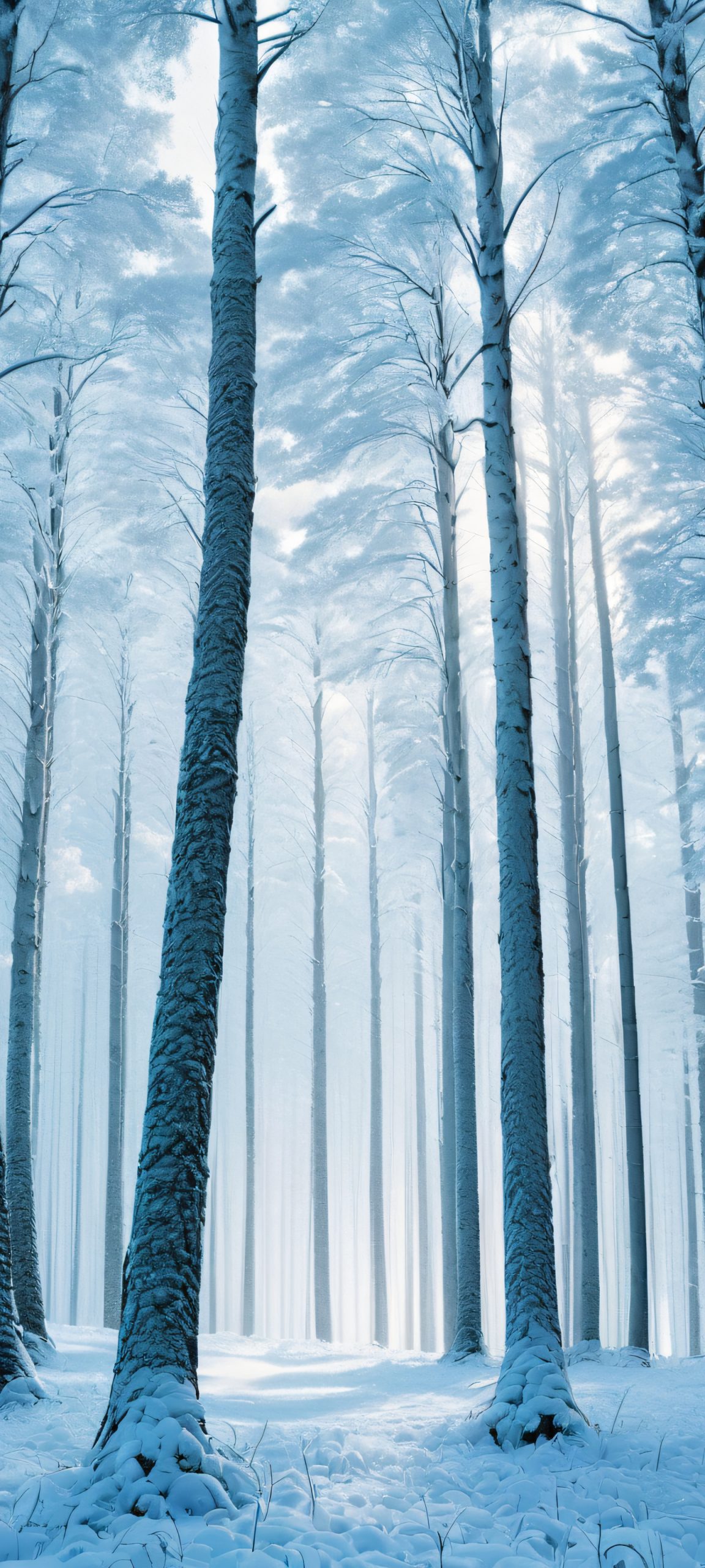 Breathtaking vertical mobile wallpaper of a snowy forest, perfectly optimized for iPhone and Android home screens, featuring serene shades of blue, soft whites, and muted greens.