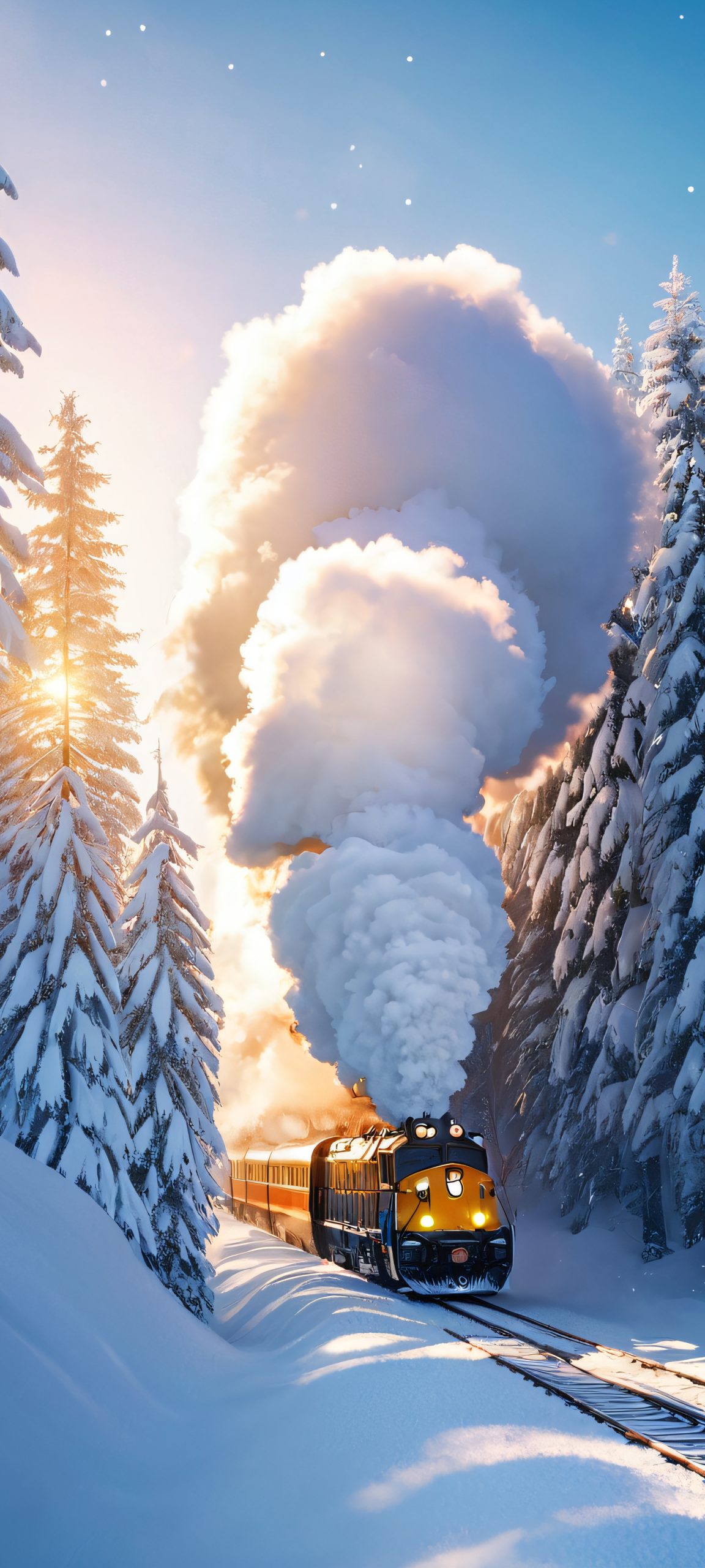A stunning train scene amidst a snowy forest, perfectly suitable for iPhone and Android mobile phone screens.