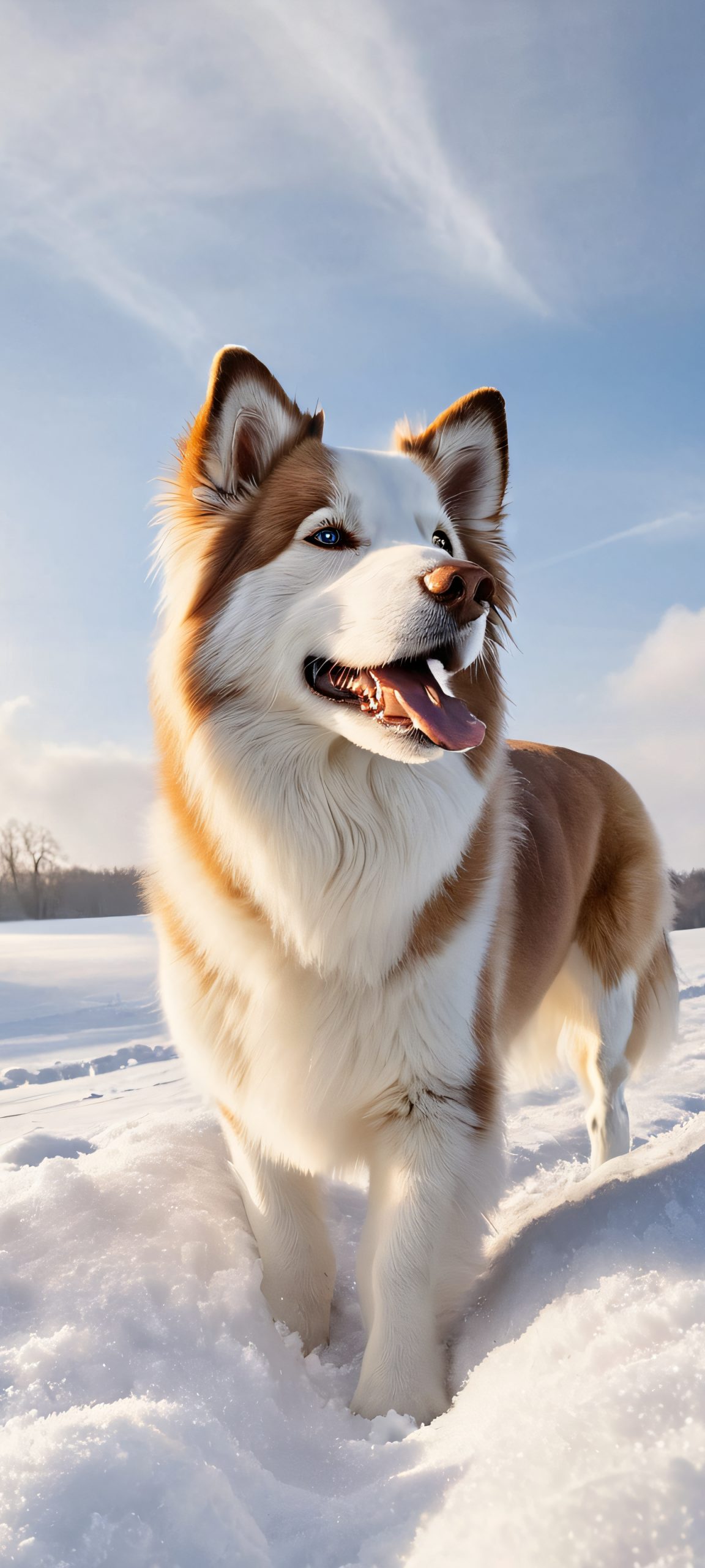 A serene snowy field scene featuring adorable dogs playing, perfectly suited for your iPhone or Android home screen.